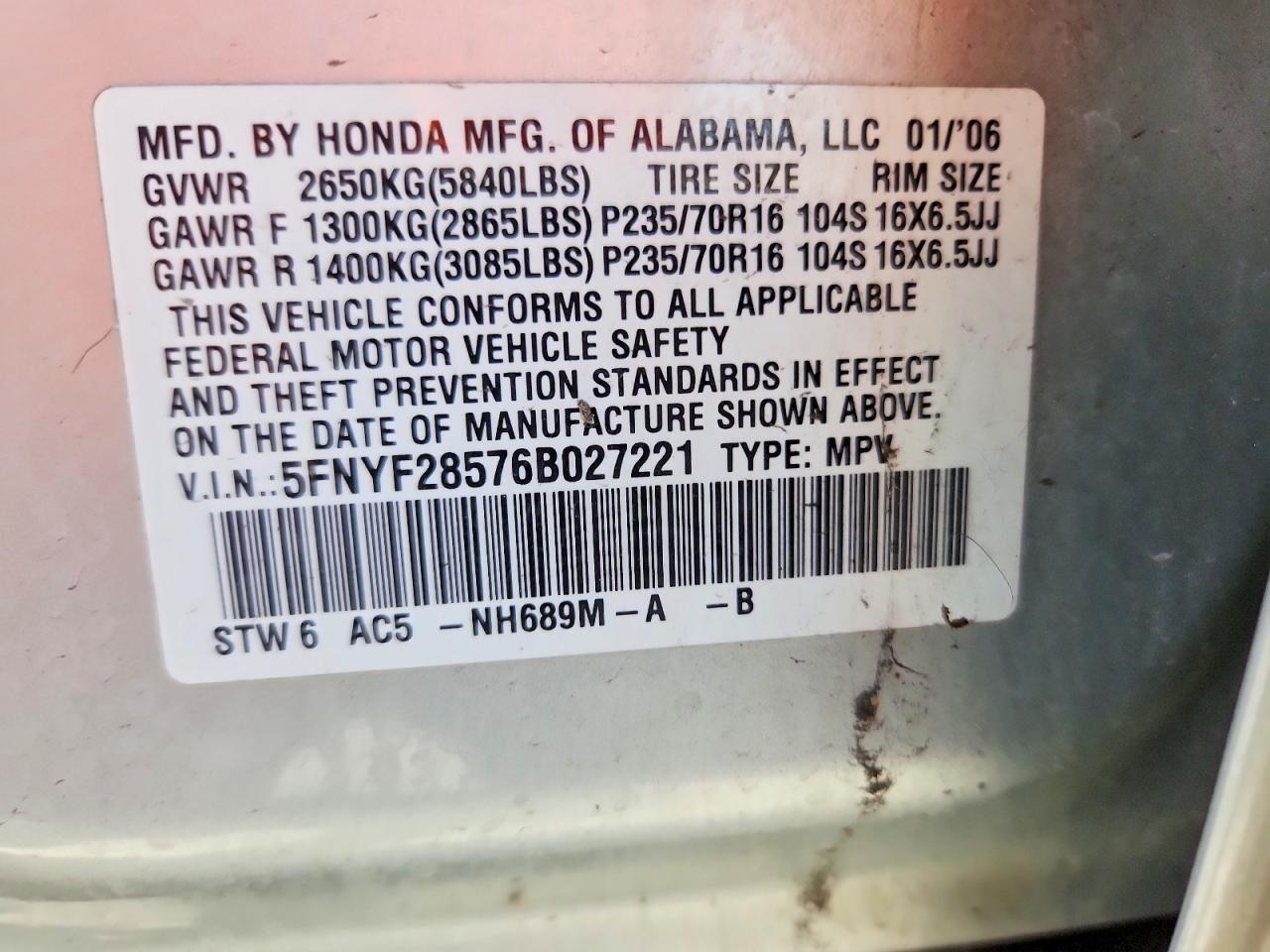 2006 Honda Pilot Ex Silver vin: 5FNYF28576B027221