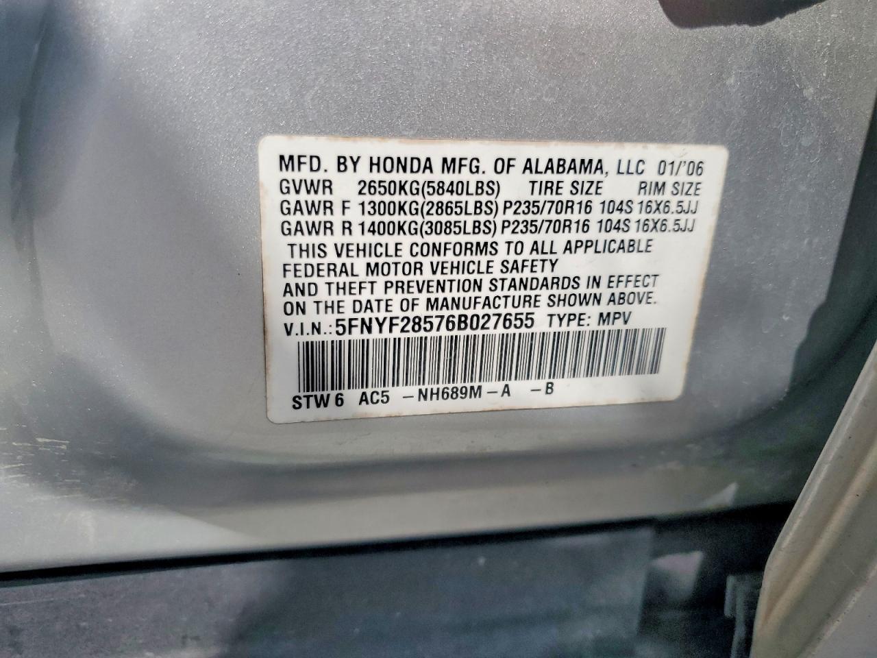 2006 Honda Pilot Ex Silver vin: 5FNYF28576B027655