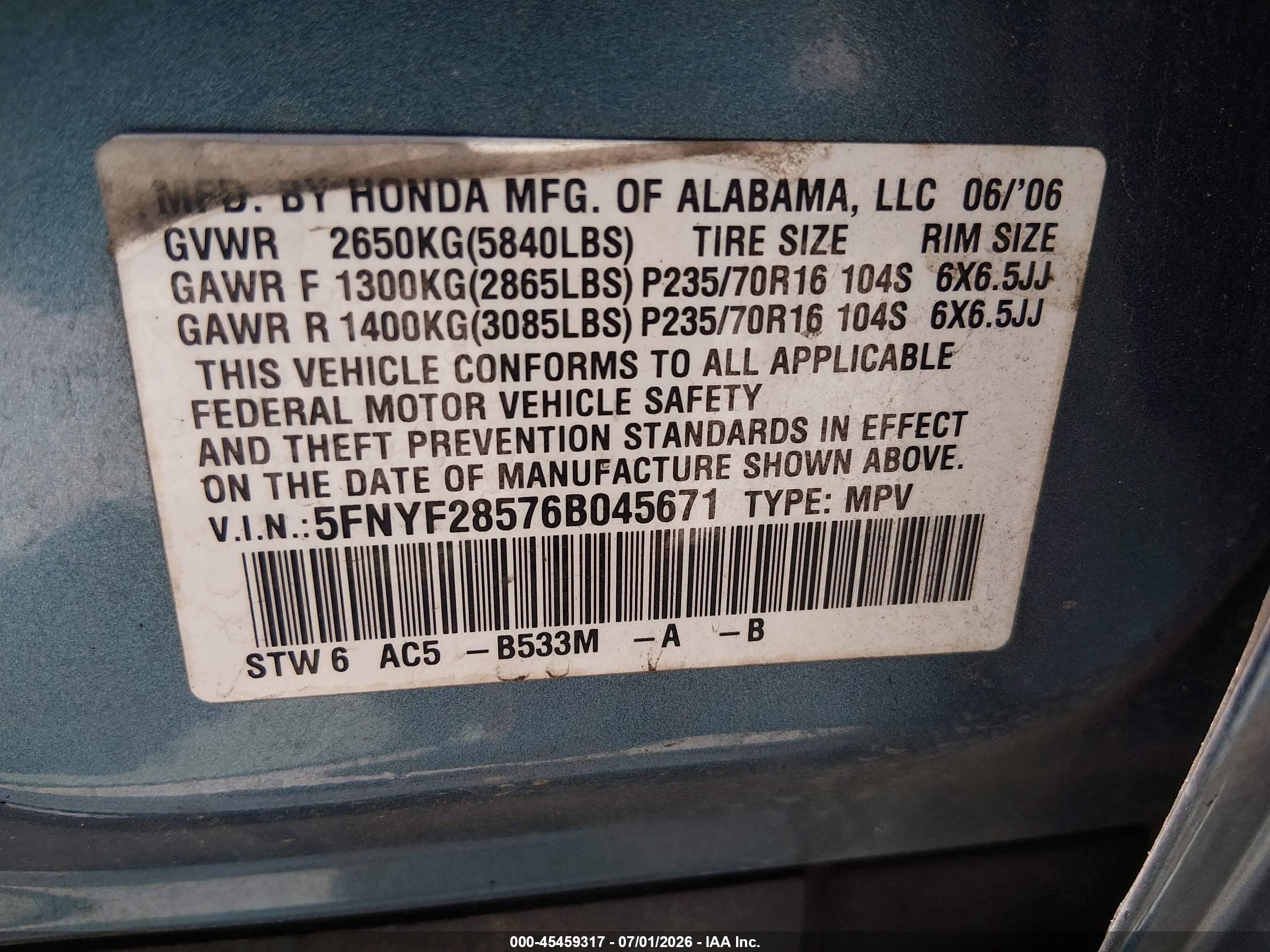 2006 Honda Pilot Ex-l Blue vin: 5FNYF28576B045671