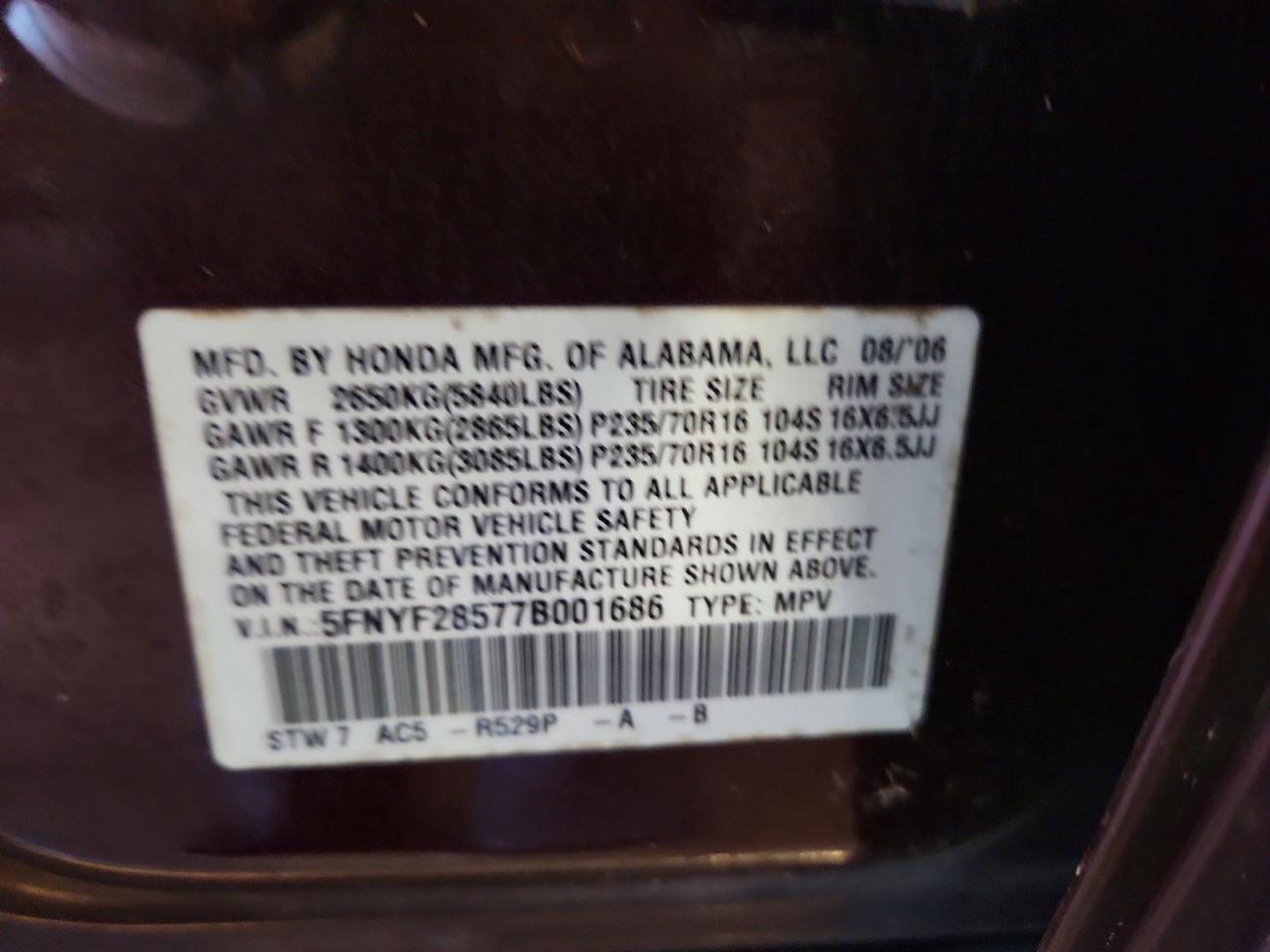 2007 Honda Pilot Exl Burgundy vin: 5FNYF28577B001686