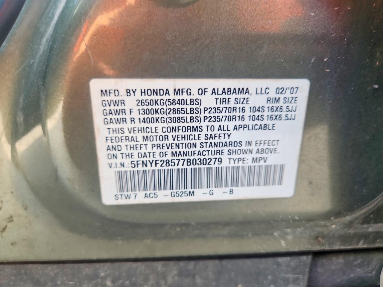 2007 Honda Pilot Exl Green vin: 5FNYF28577B030279