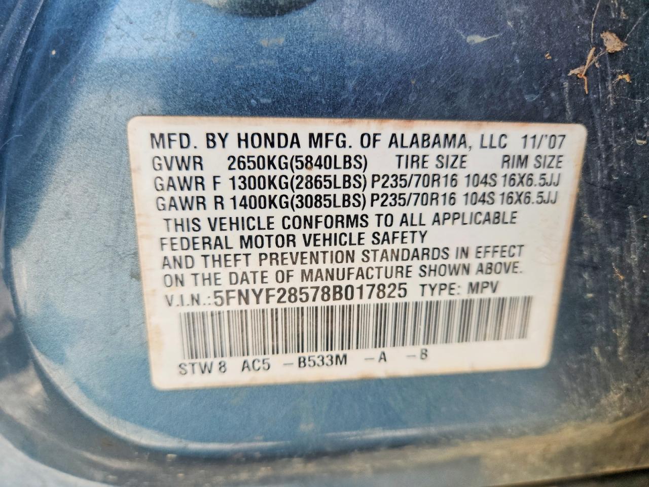 2008 Honda Pilot Exl Turquoise vin: 5FNYF28578B017825