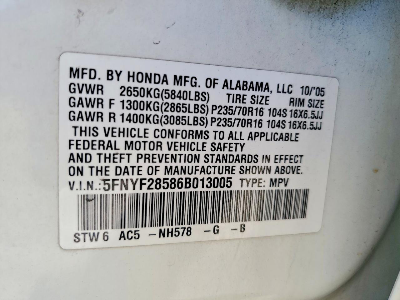 2006 Honda Pilot Ex White vin: 5FNYF28586B013005