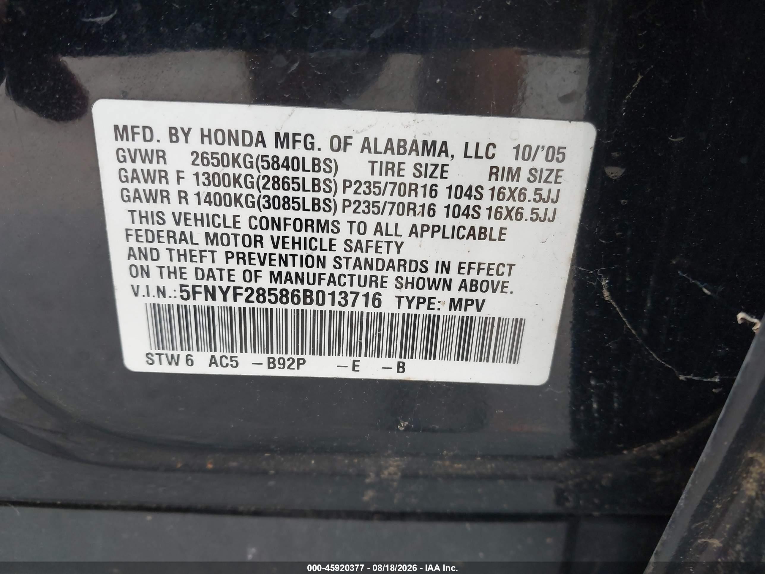 2006 Honda Pilot Ex-l Черный vin: 5FNYF28586B013716
