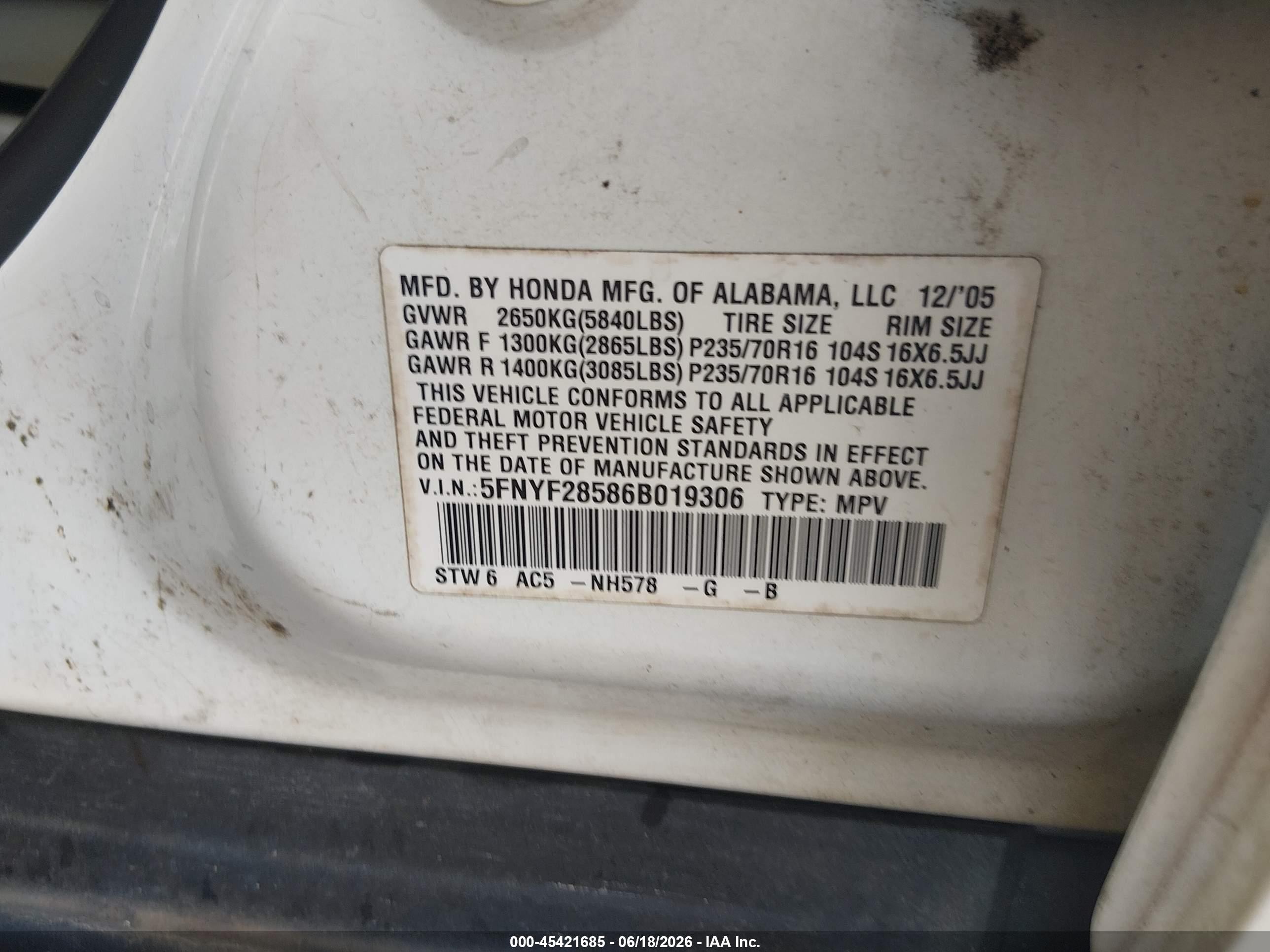 2006 Honda Pilot Ex-l Белый vin: 5FNYF28586B019306