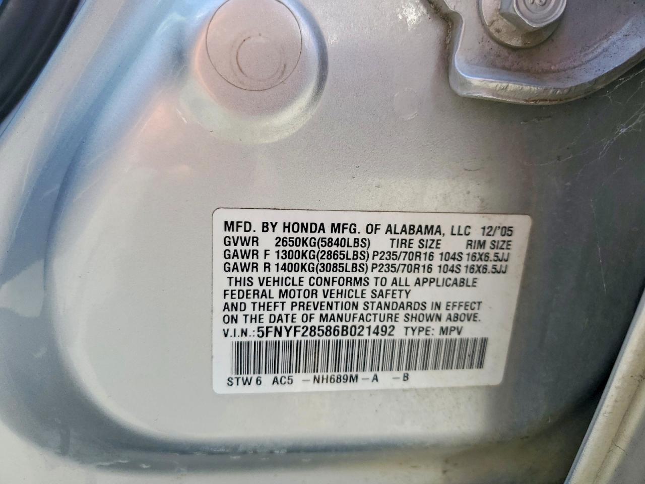 2006 Honda Pilot Ex Silver vin: 5FNYF28586B021492