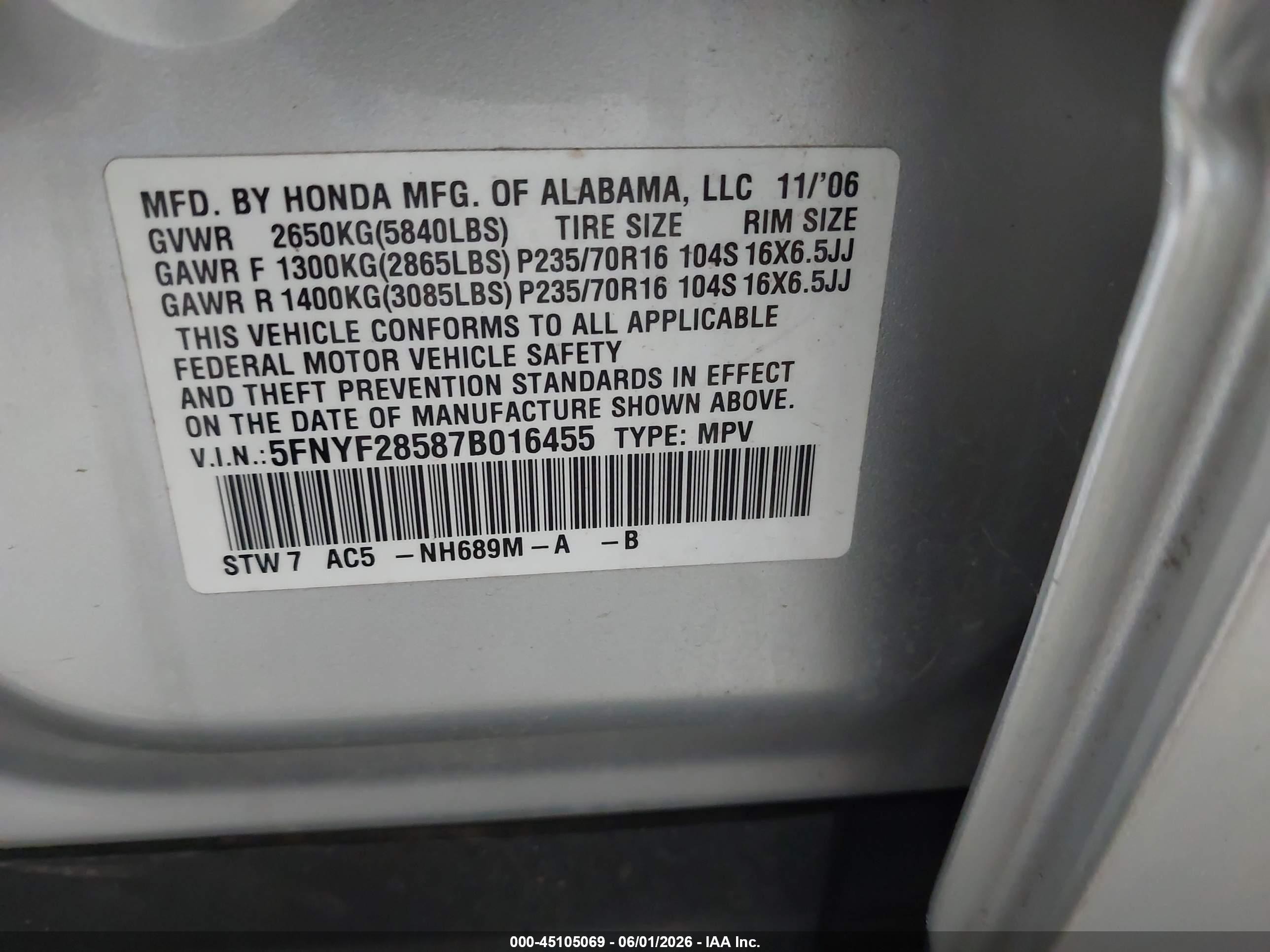 2007 Honda Pilot Ex-l Silver vin: 5FNYF28587B016455