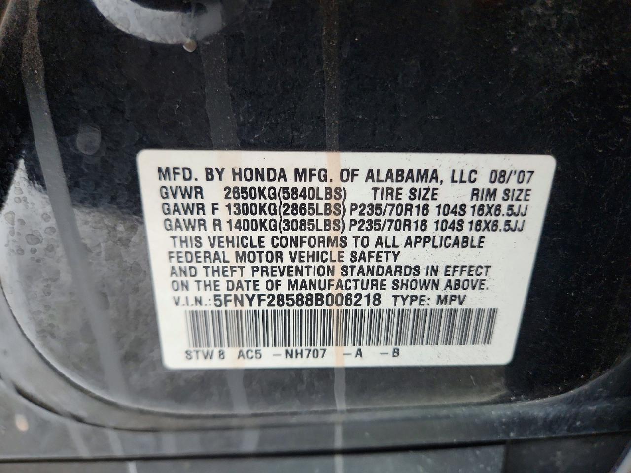 2008 Honda Pilot Exl Black vin: 5FNYF28588B006218