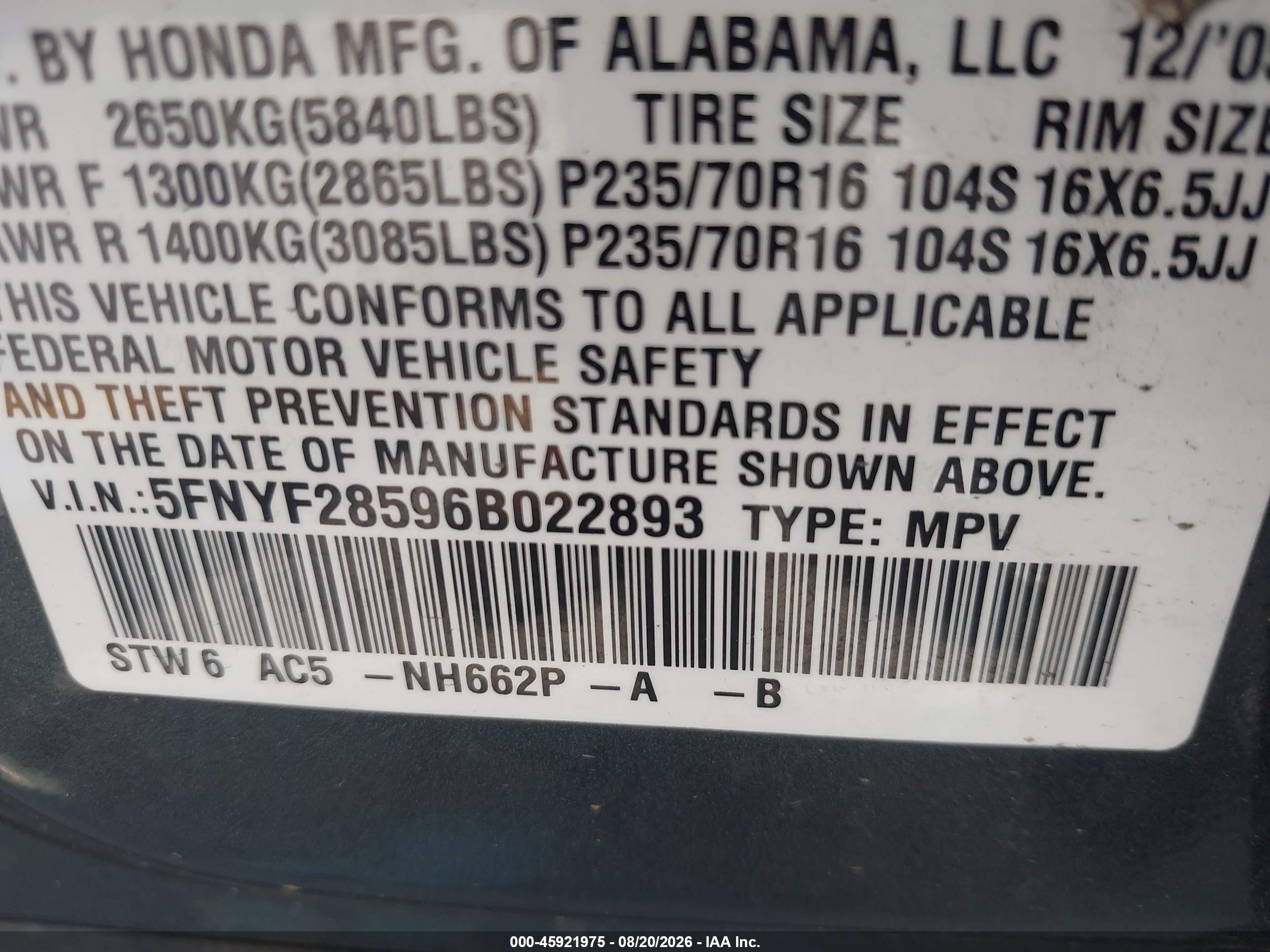 2006 Honda Pilot Ex-l Серый vin: 5FNYF28596B022893
