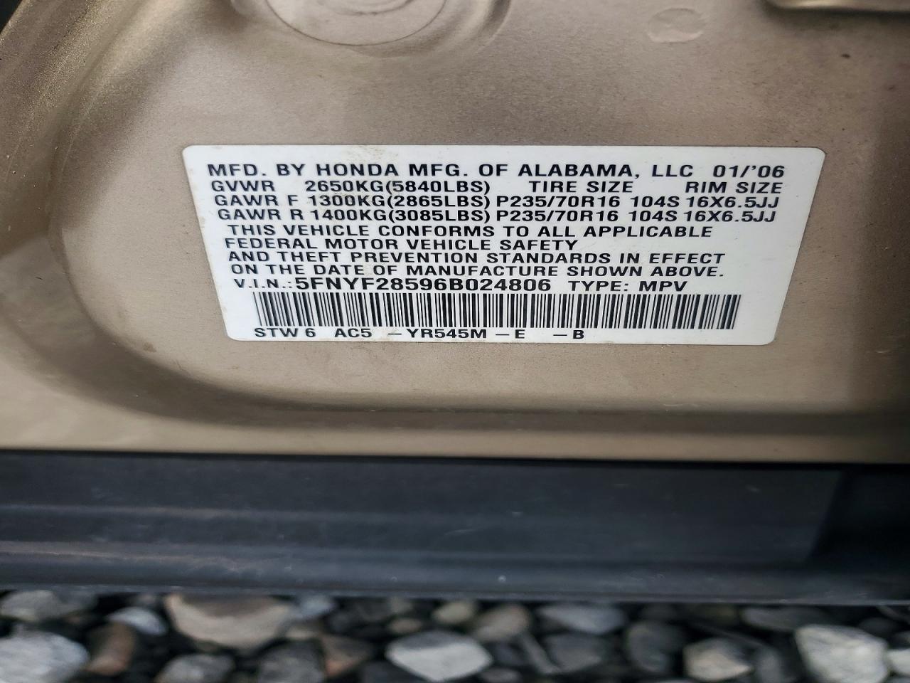 2006 Honda Pilot Ex Tan vin: 5FNYF28596B024806