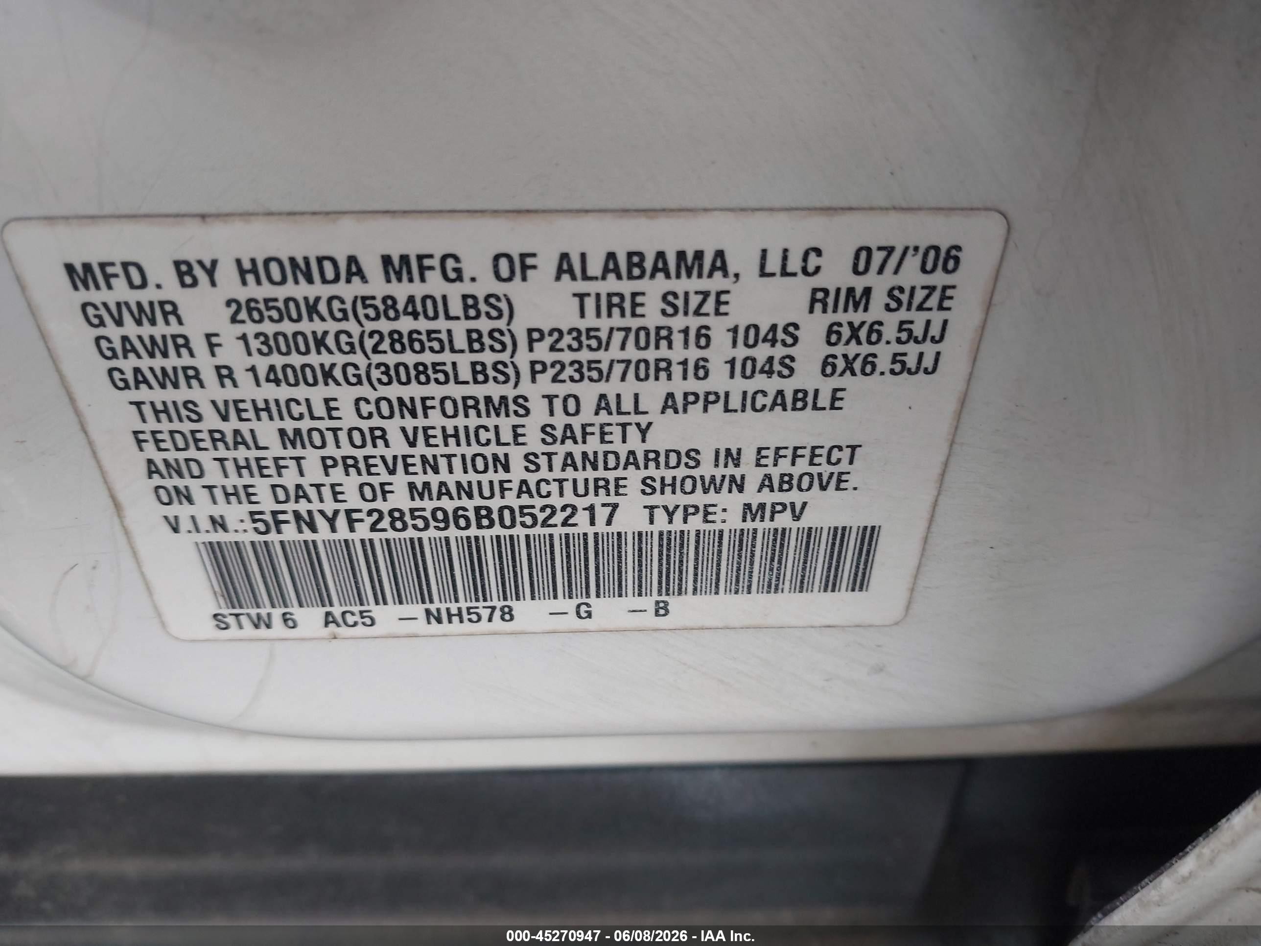 2006 Honda Pilot Ex-l White vin: 5FNYF28596B052217