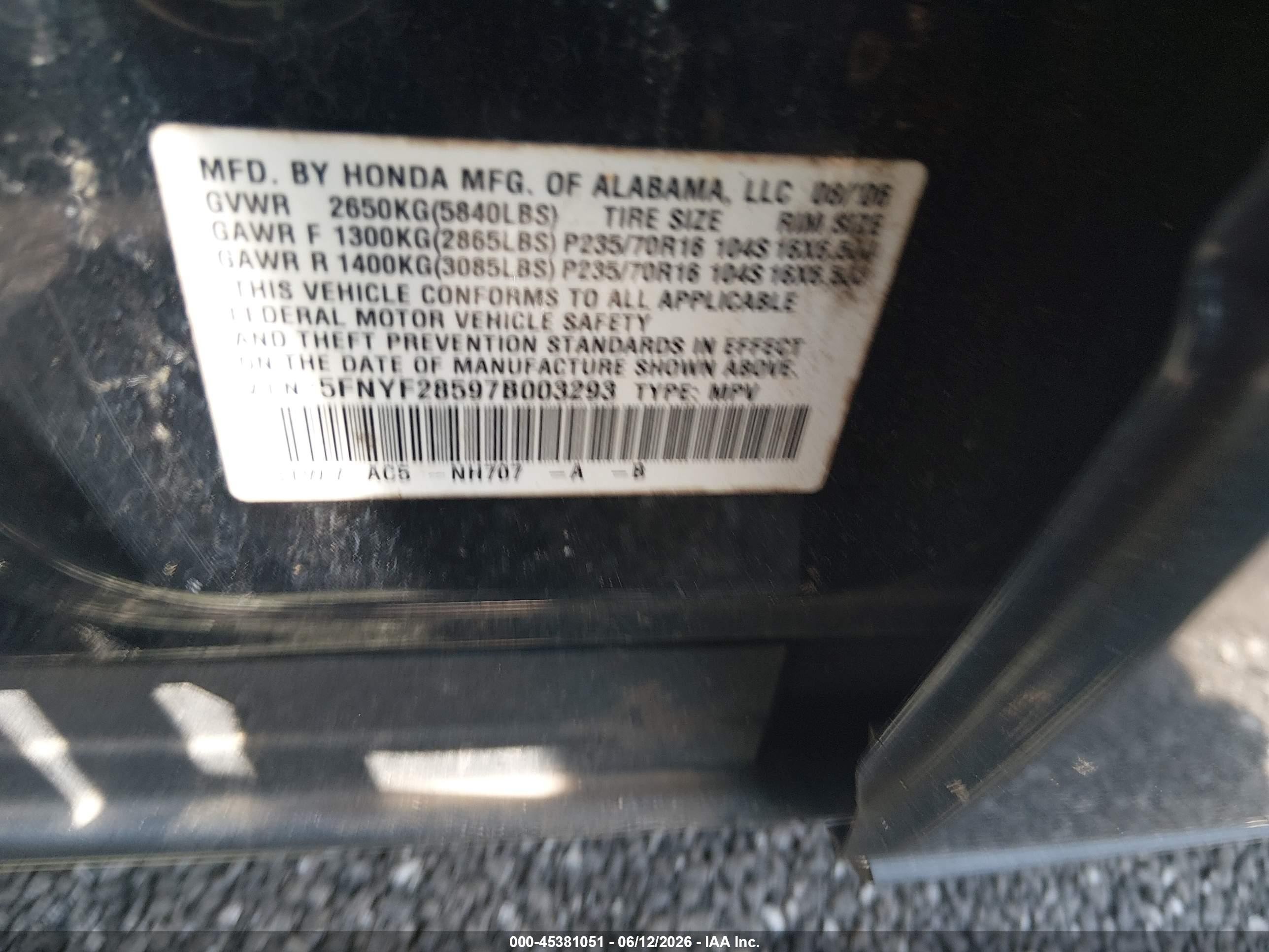 2007 Honda Pilot Ex-l Black vin: 5FNYF28597B003293