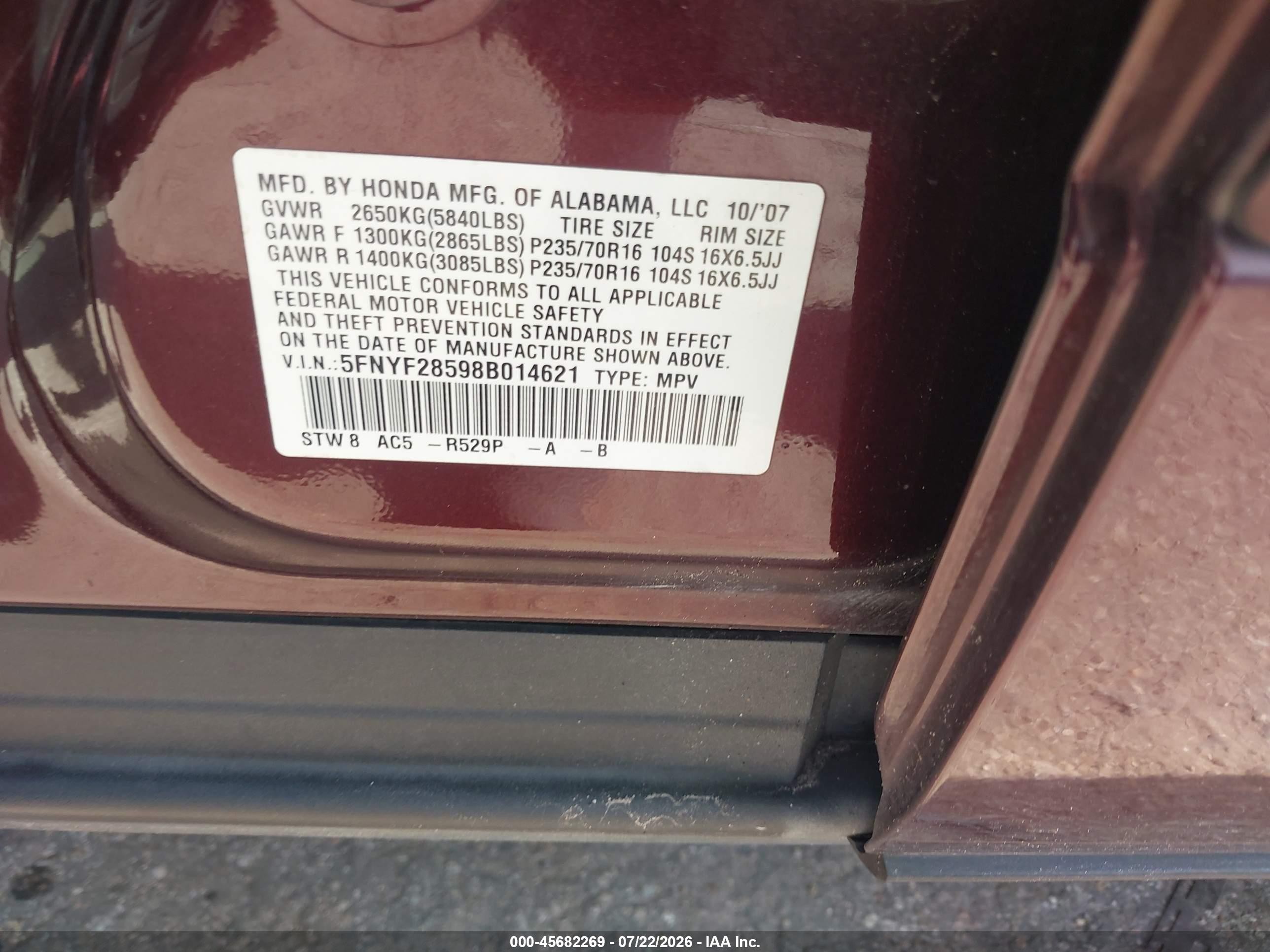 2008 Honda Pilot Ex-l Maroon vin: 5FNYF28598B014621