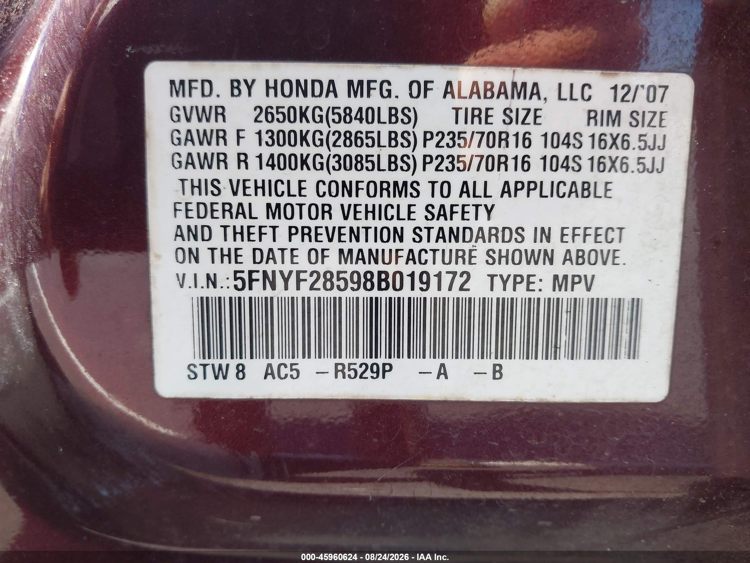2008 Honda Pilot Ex-l Бордовый vin: 5FNYF28598B019172
