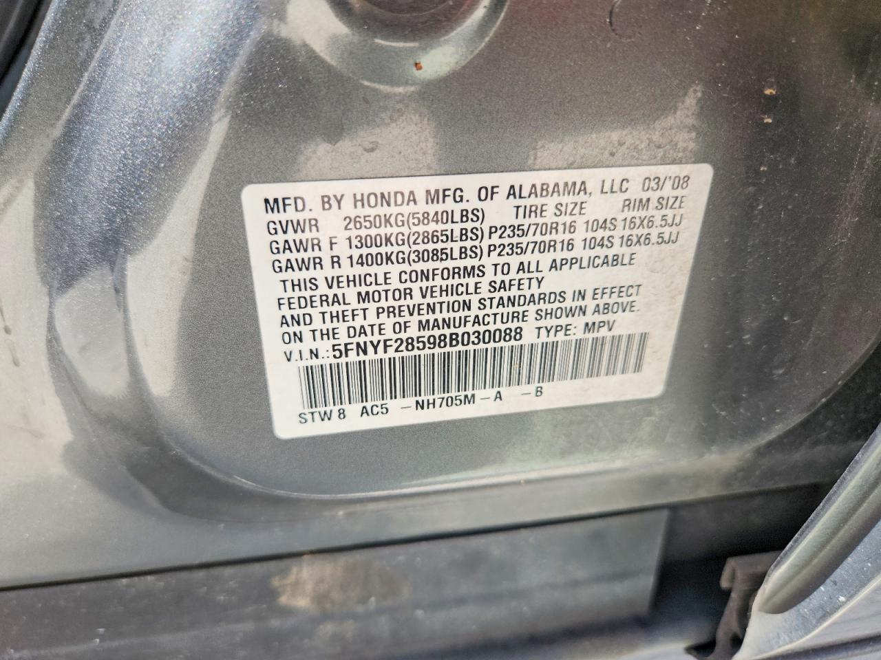2008 Honda Pilot Exl Gray vin: 5FNYF28598B030088