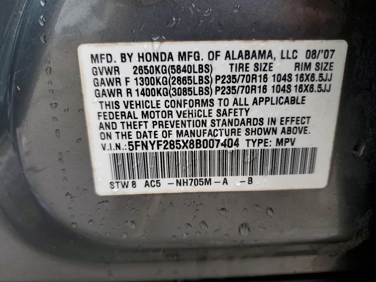 2008 Honda Pilot Exl Gray vin: 5FNYF285X8B007404