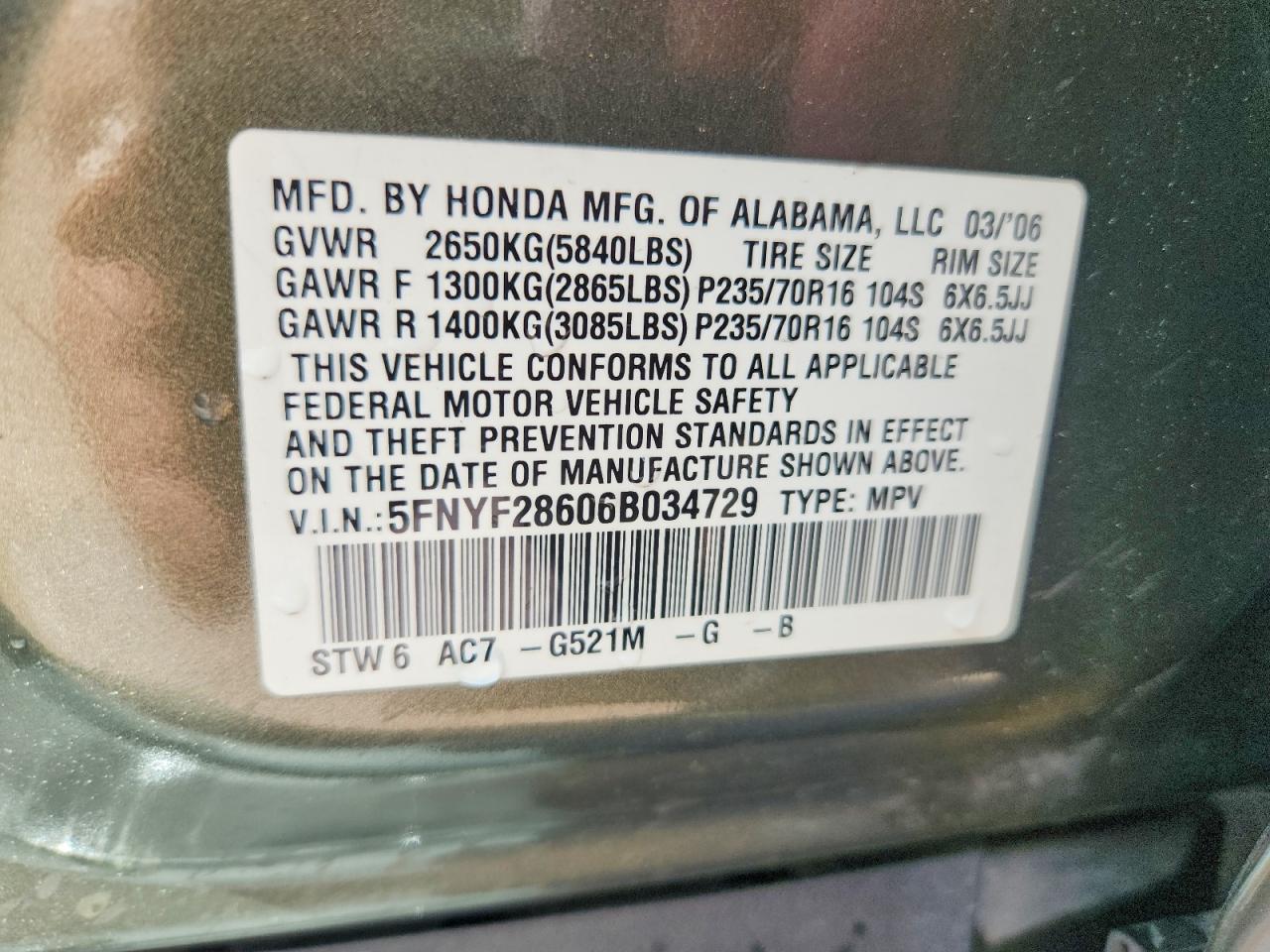 2006 Honda Pilot Ex Green vin: 5FNYF28606B034729