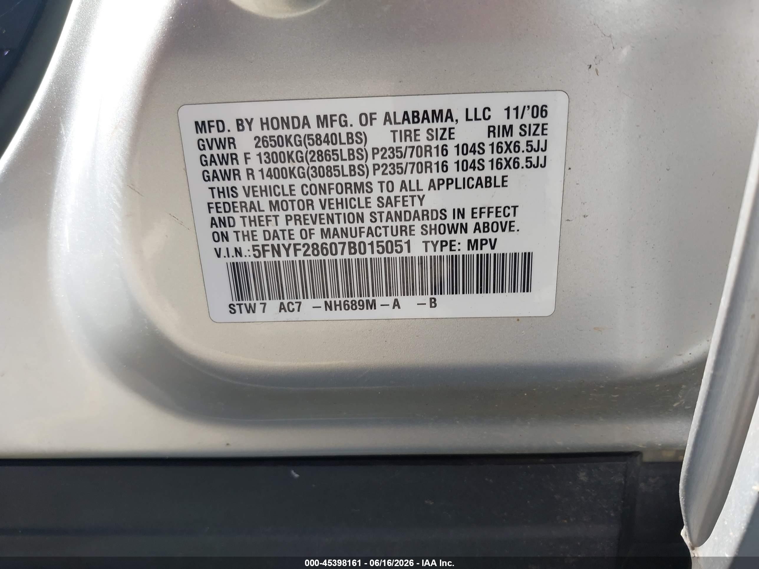 2007 Honda Pilot Ex-l Silver vin: 5FNYF28607B015051