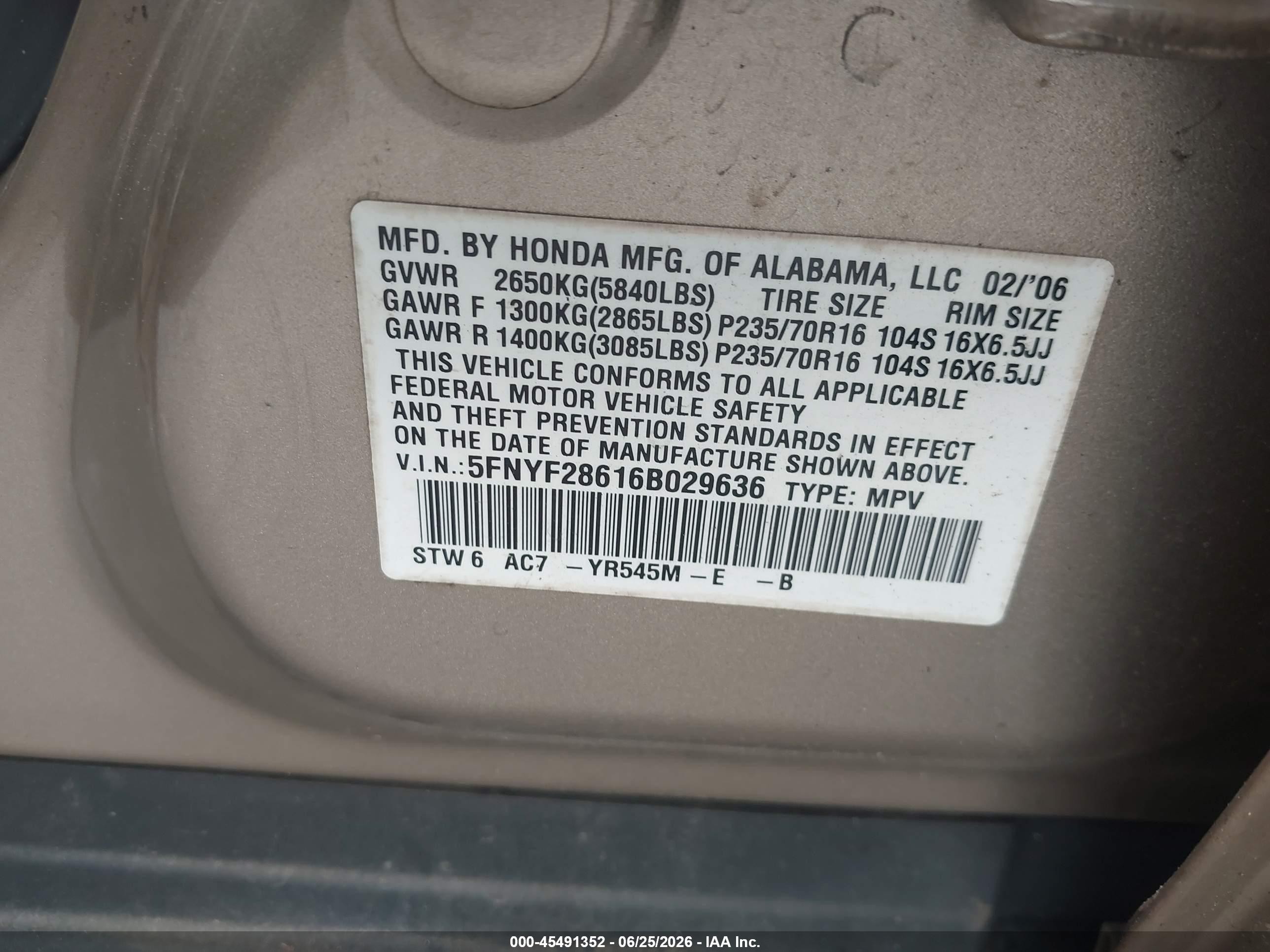 2006 Honda Pilot Ex-l Gold vin: 5FNYF28616B029636