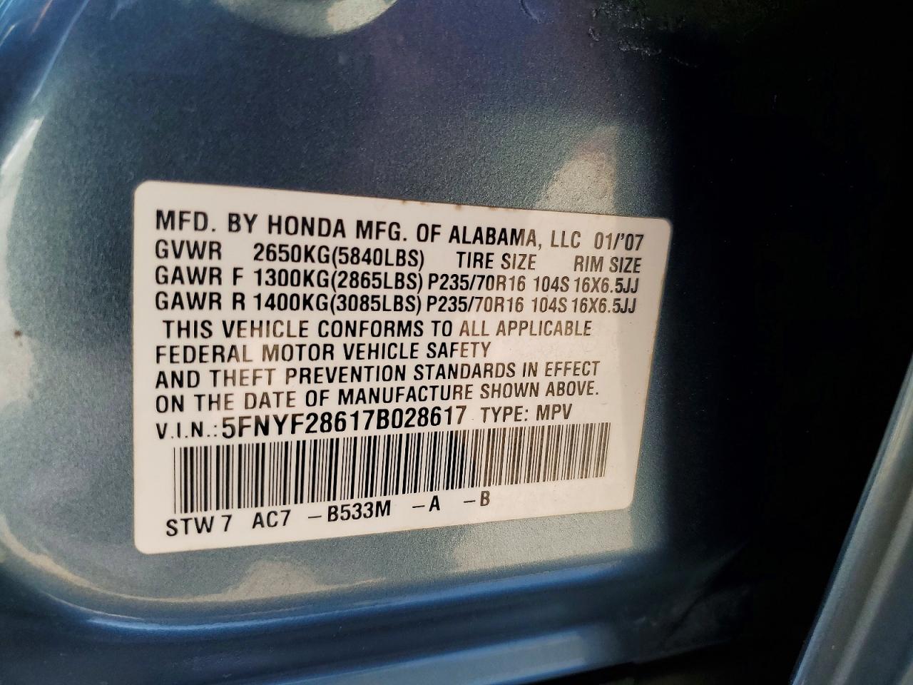 2007 Honda Pilot Exl Бирюзовый vin: 5FNYF28617B028617