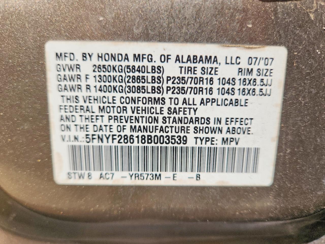2008 Honda Pilot Exl Gold vin: 5FNYF28618B003539