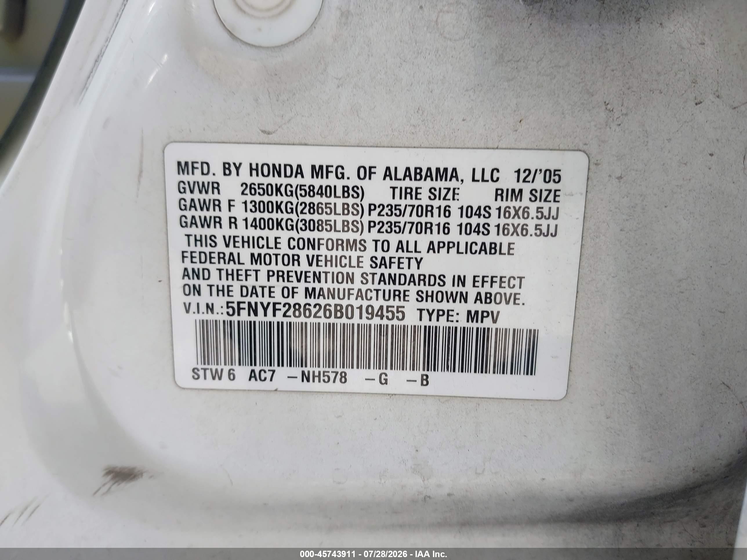 2006 Honda Pilot Ex-l White vin: 5FNYF28626B019455