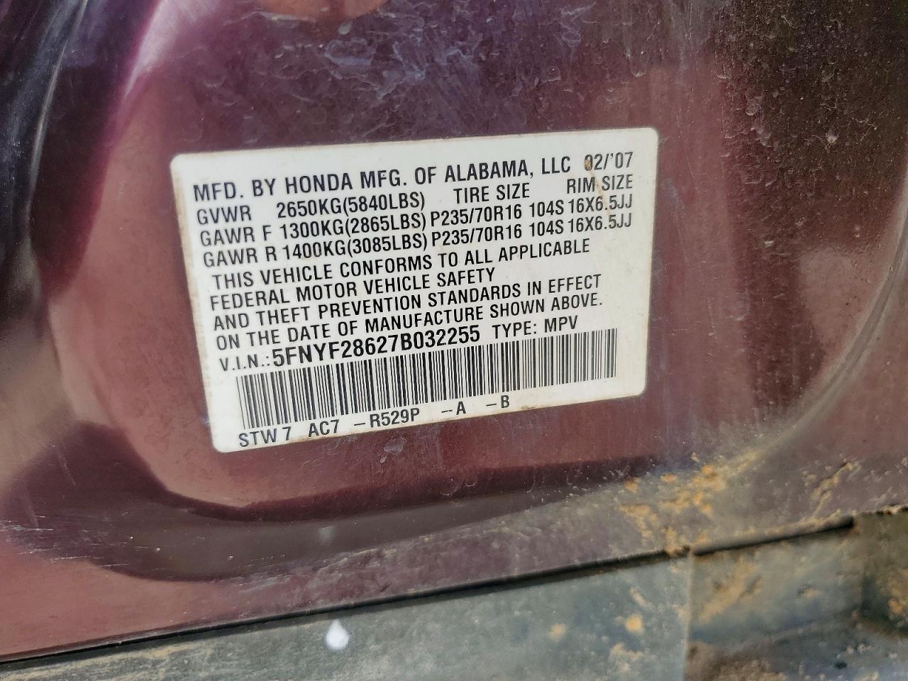 2007 Honda Pilot Exl Burgundy vin: 5FNYF28627B032255