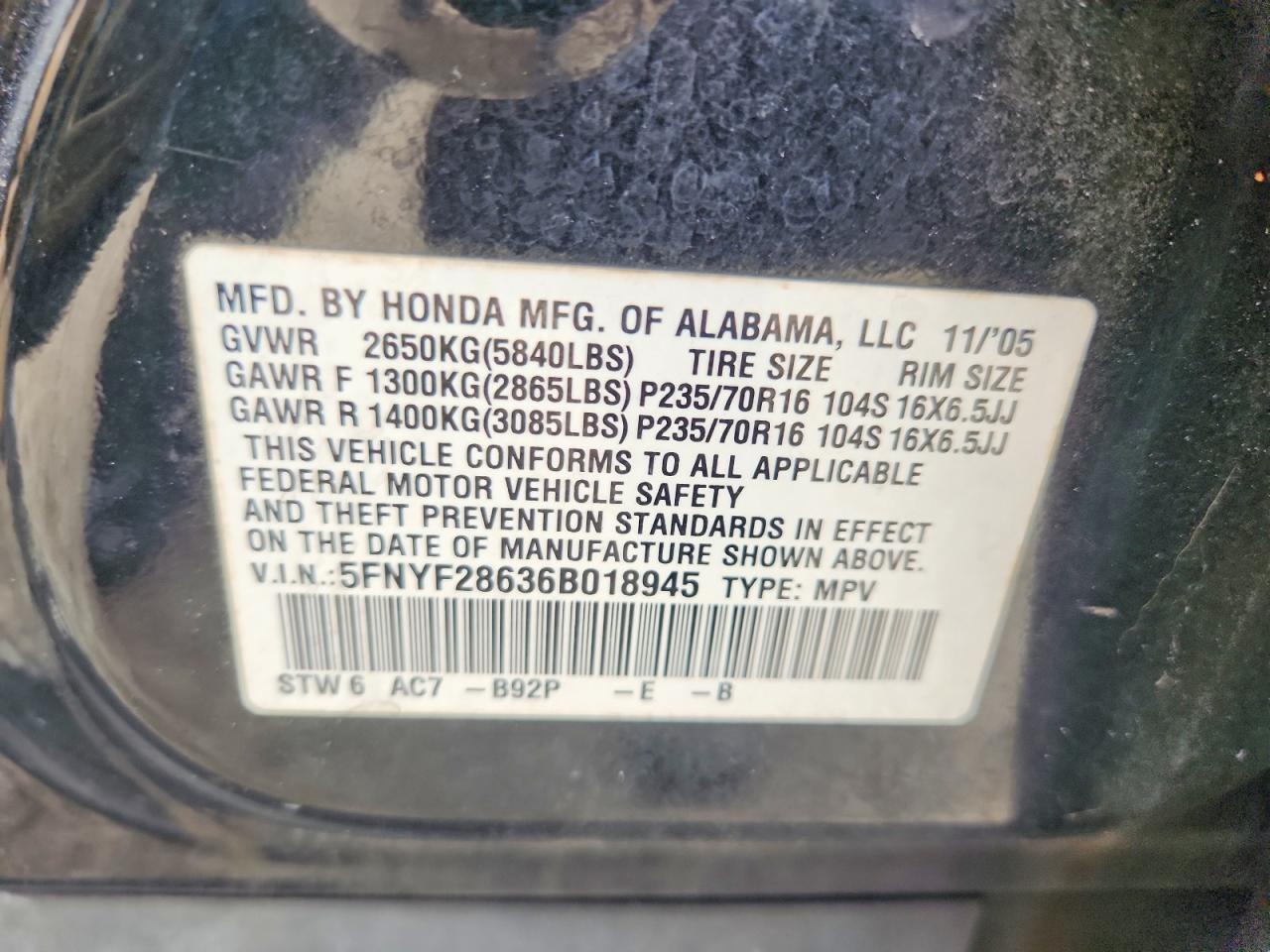 2006 Honda Pilot Ex Black vin: 5FNYF28636B018945