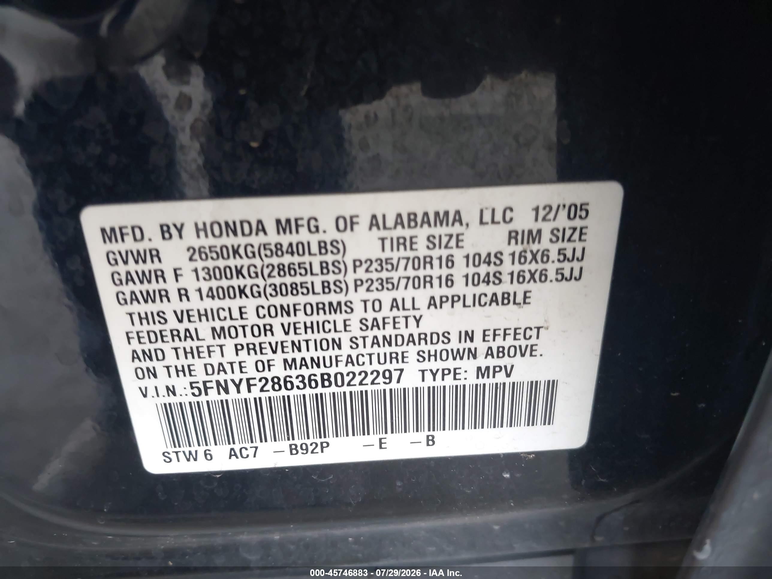 2006 Honda Pilot Ex-l Black vin: 5FNYF28636B022297