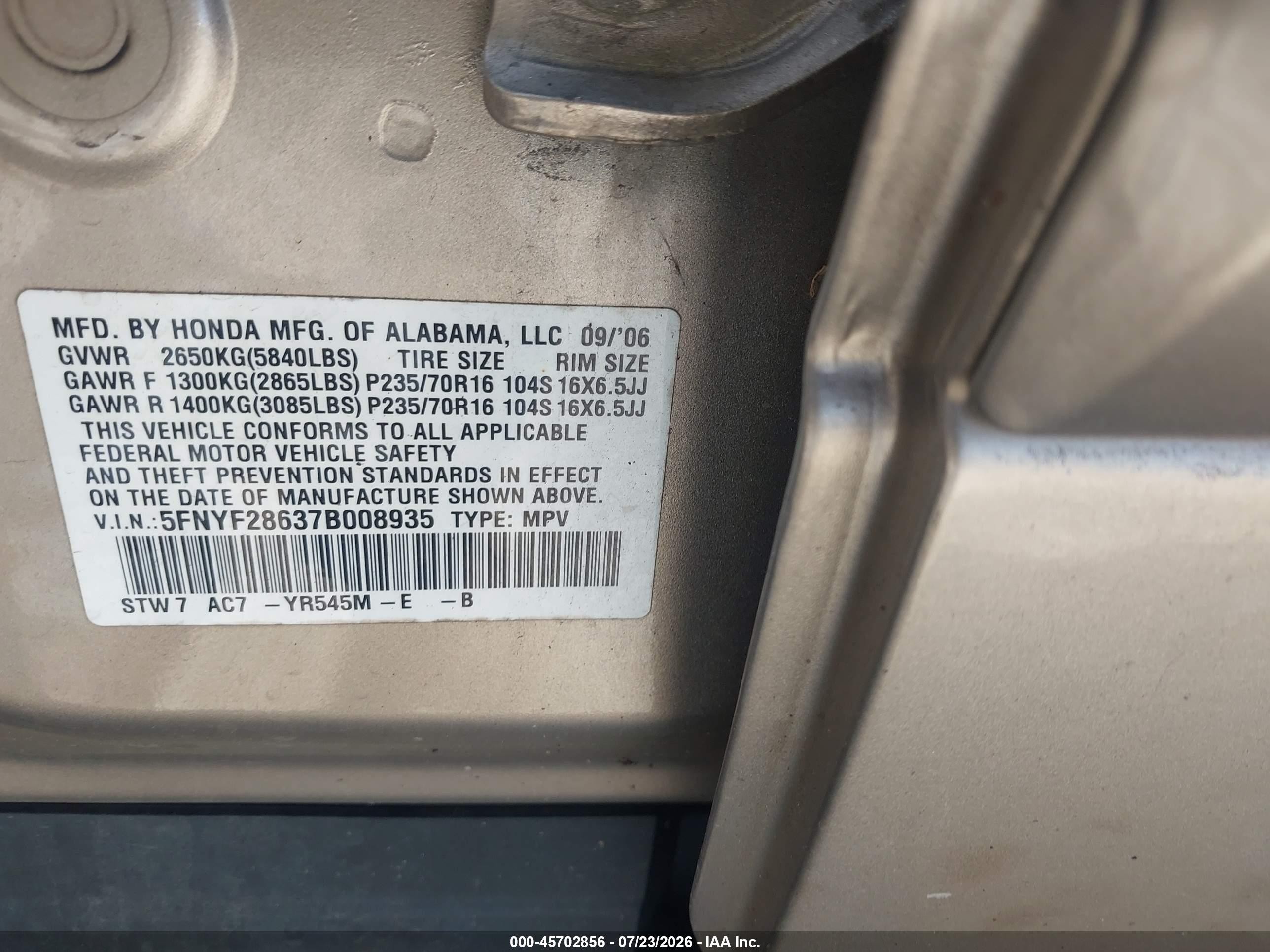 2007 Honda Pilot Ex-l Beige vin: 5FNYF28637B008935