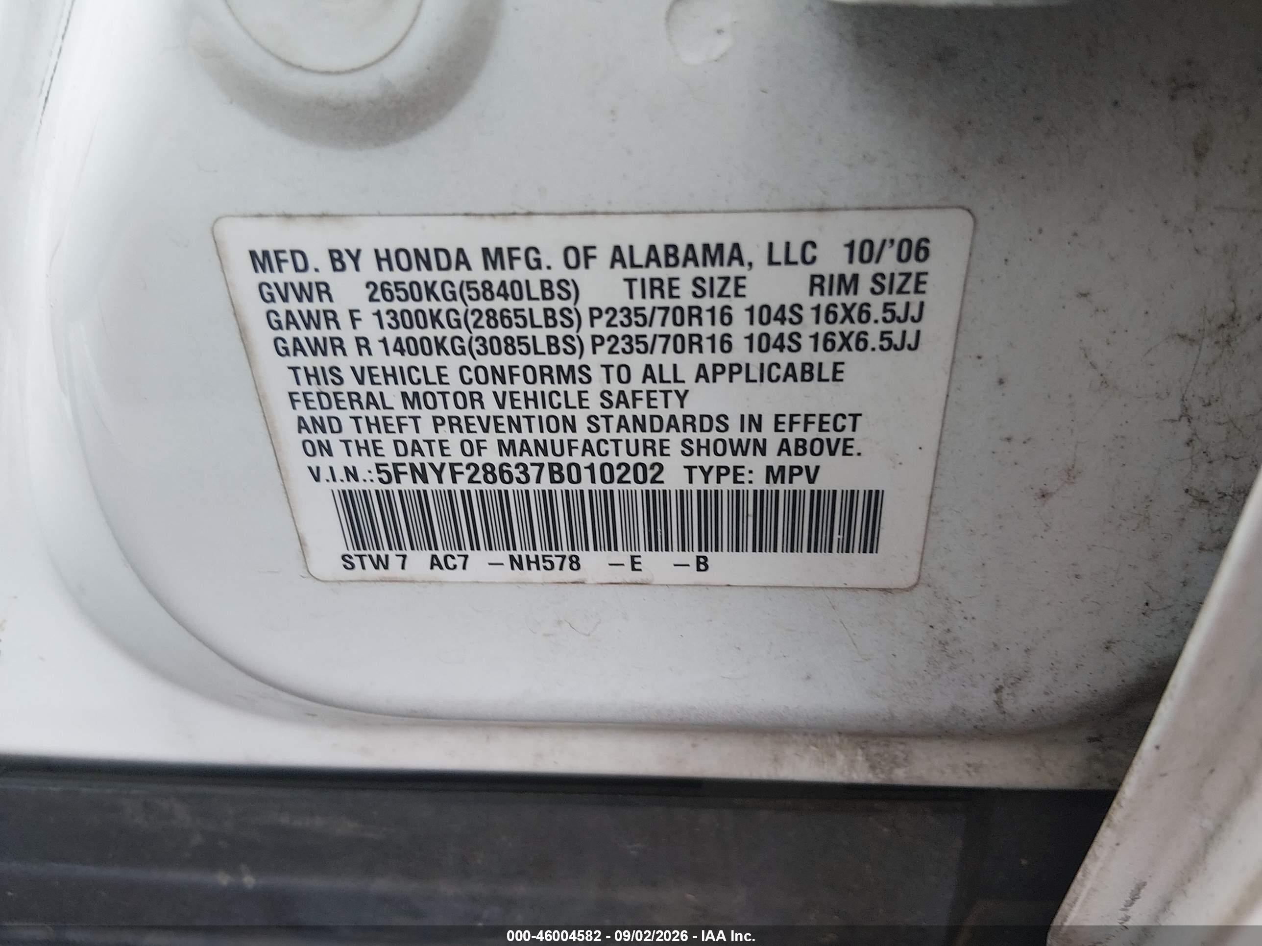 2007 Honda Pilot Ex-l White vin: 5FNYF28637B010202