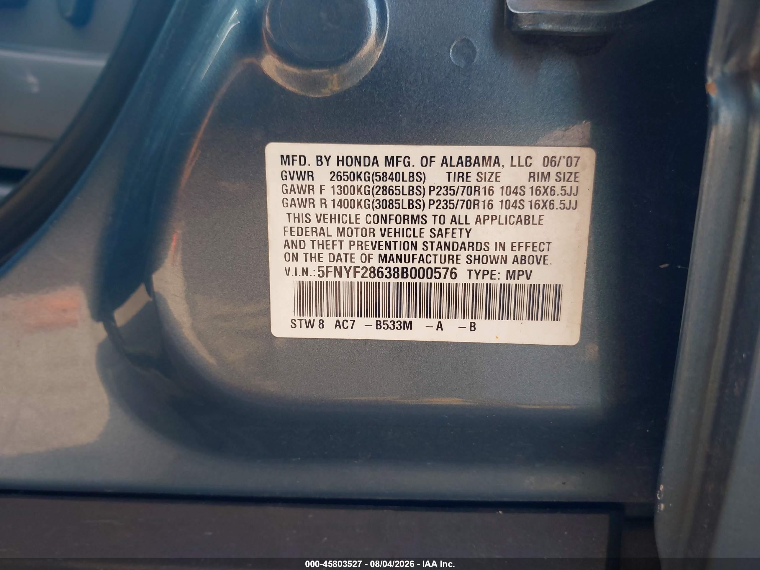 2008 Honda Pilot Ex-l Blue vin: 5FNYF28638B000576