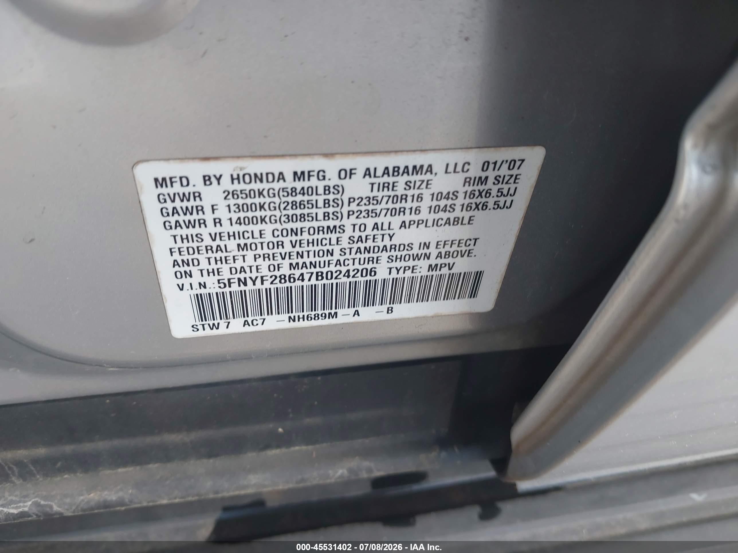 2007 Honda Pilot Ex-l Silver vin: 5FNYF28647B024206
