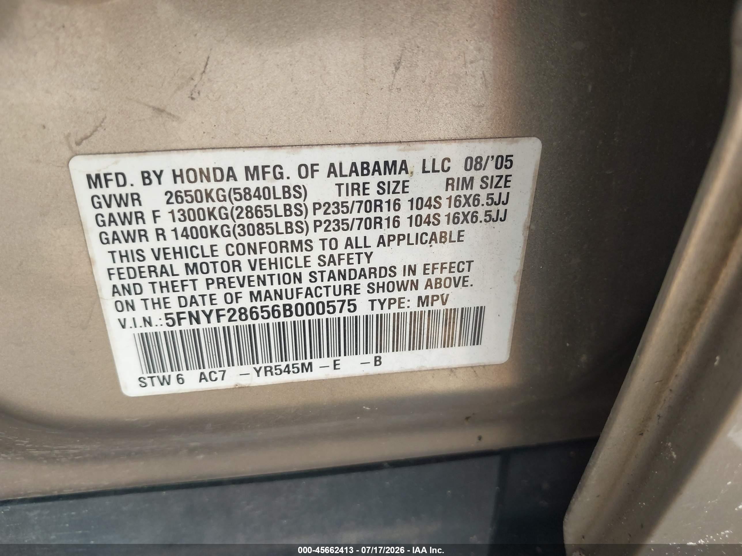 2006 Honda Pilot Ex-l Gold vin: 5FNYF28656B000575