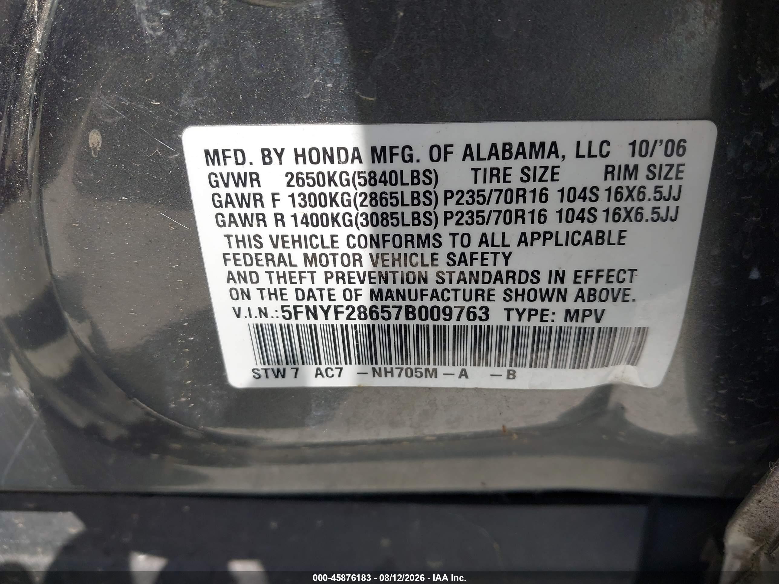2007 Honda Pilot Ex-l Gray vin: 5FNYF28657B009763