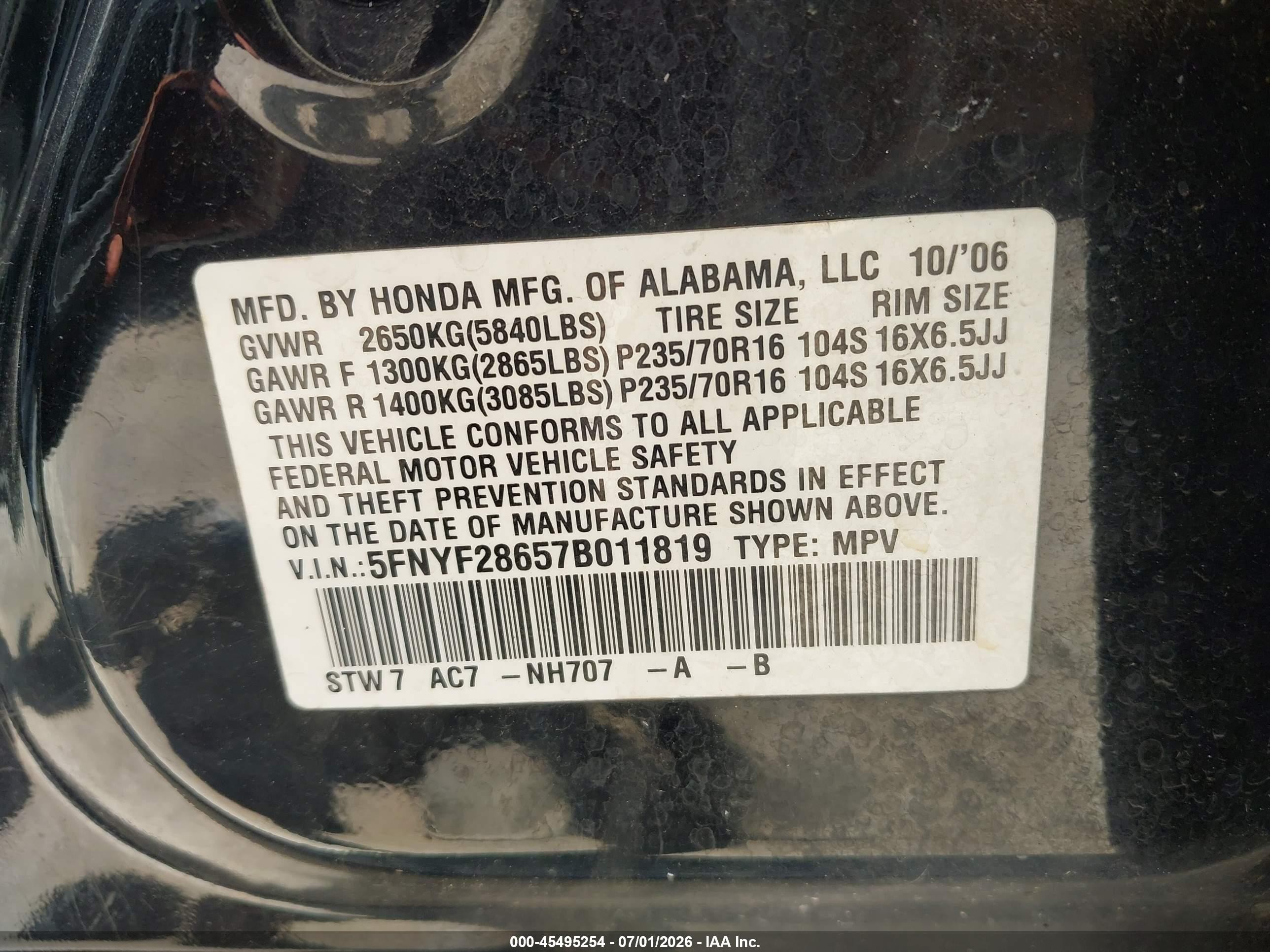 2007 Honda Pilot Ex-l Black vin: 5FNYF28657B011819