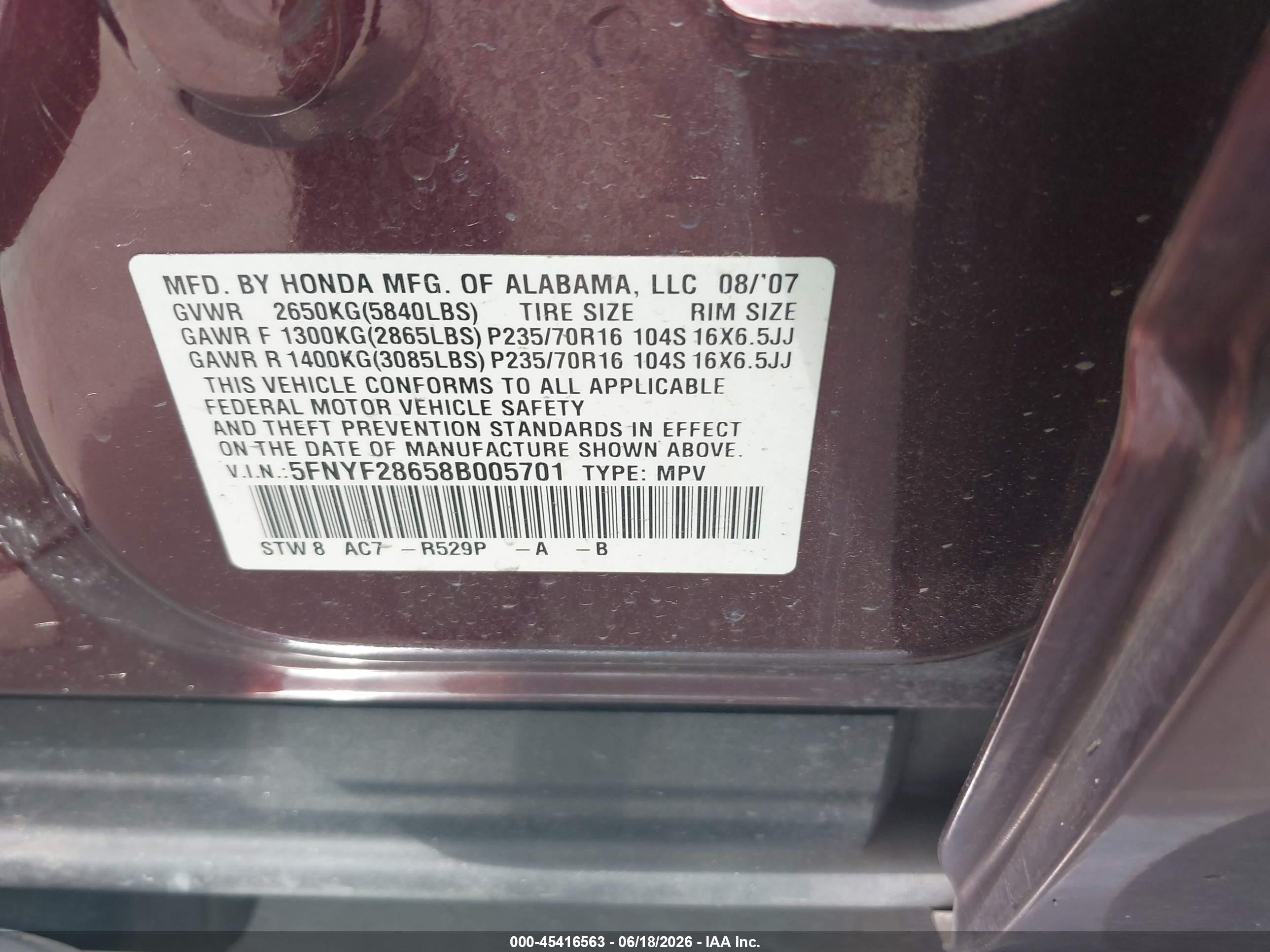 2008 Honda Pilot Ex-l Maroon vin: 5FNYF28658B005701