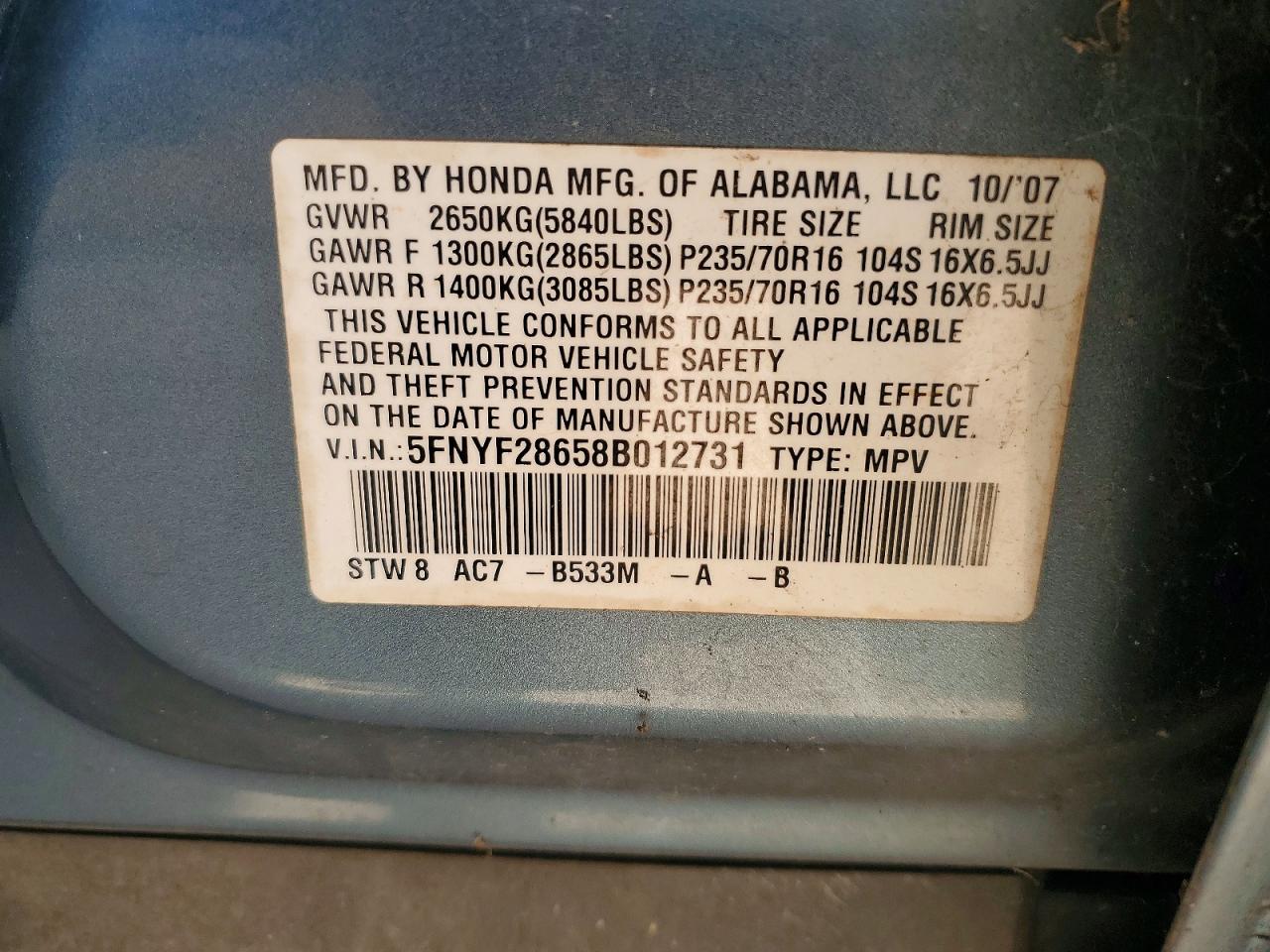 2008 Honda Pilot Exl Blue vin: 5FNYF28658B012731
