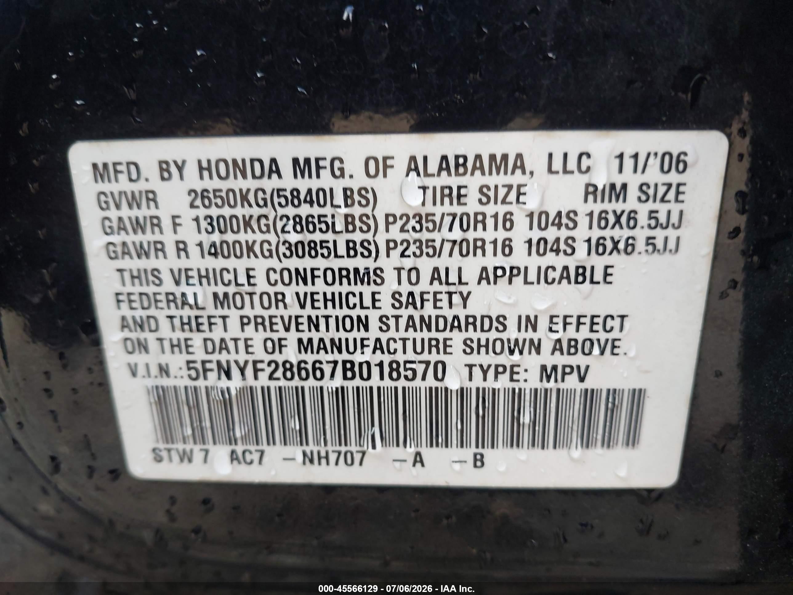 2007 Honda Pilot Ex-l Black vin: 5FNYF28667B018570