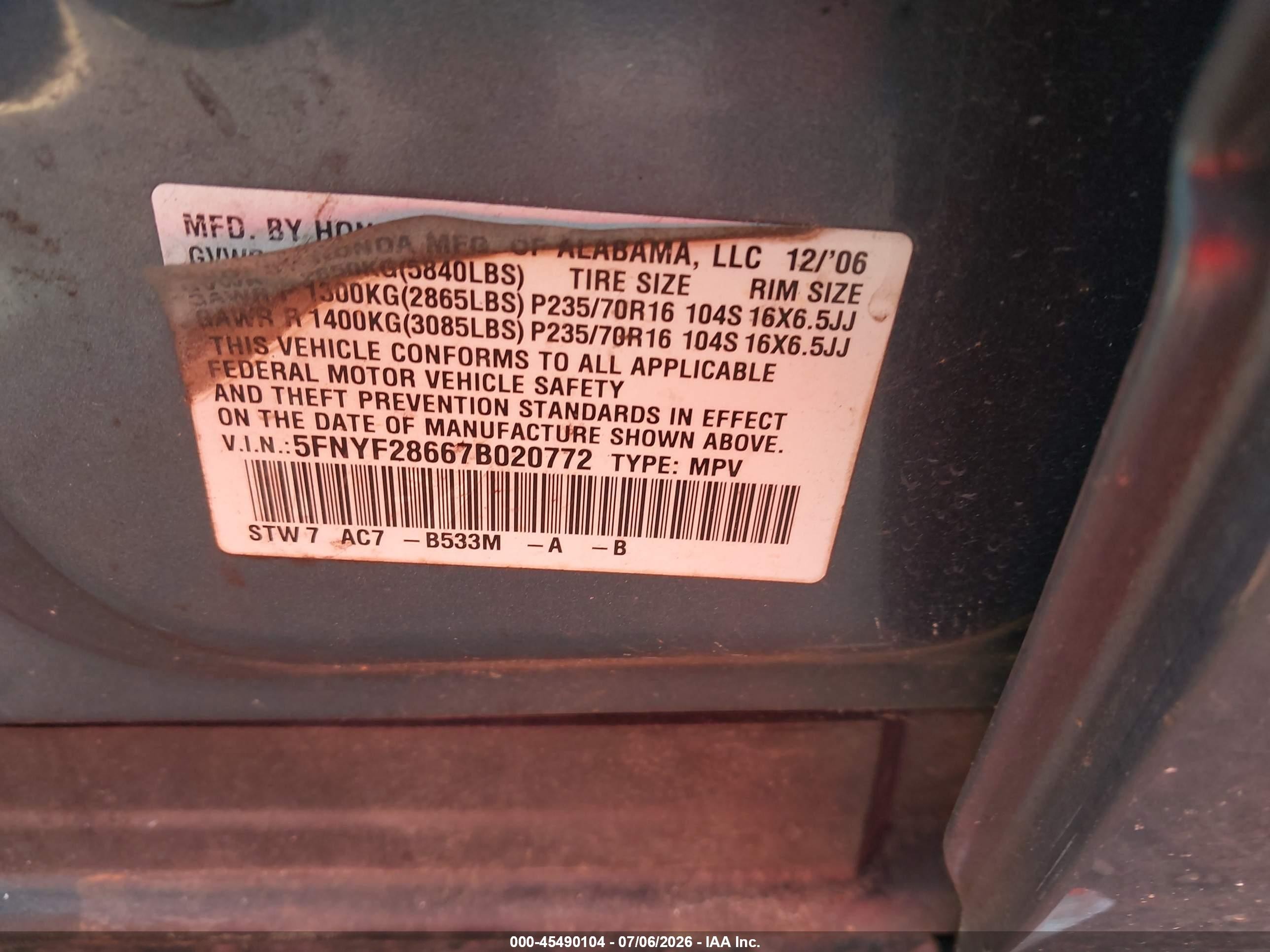 2007 Honda Pilot Ex-l Blue vin: 5FNYF28667B020772
