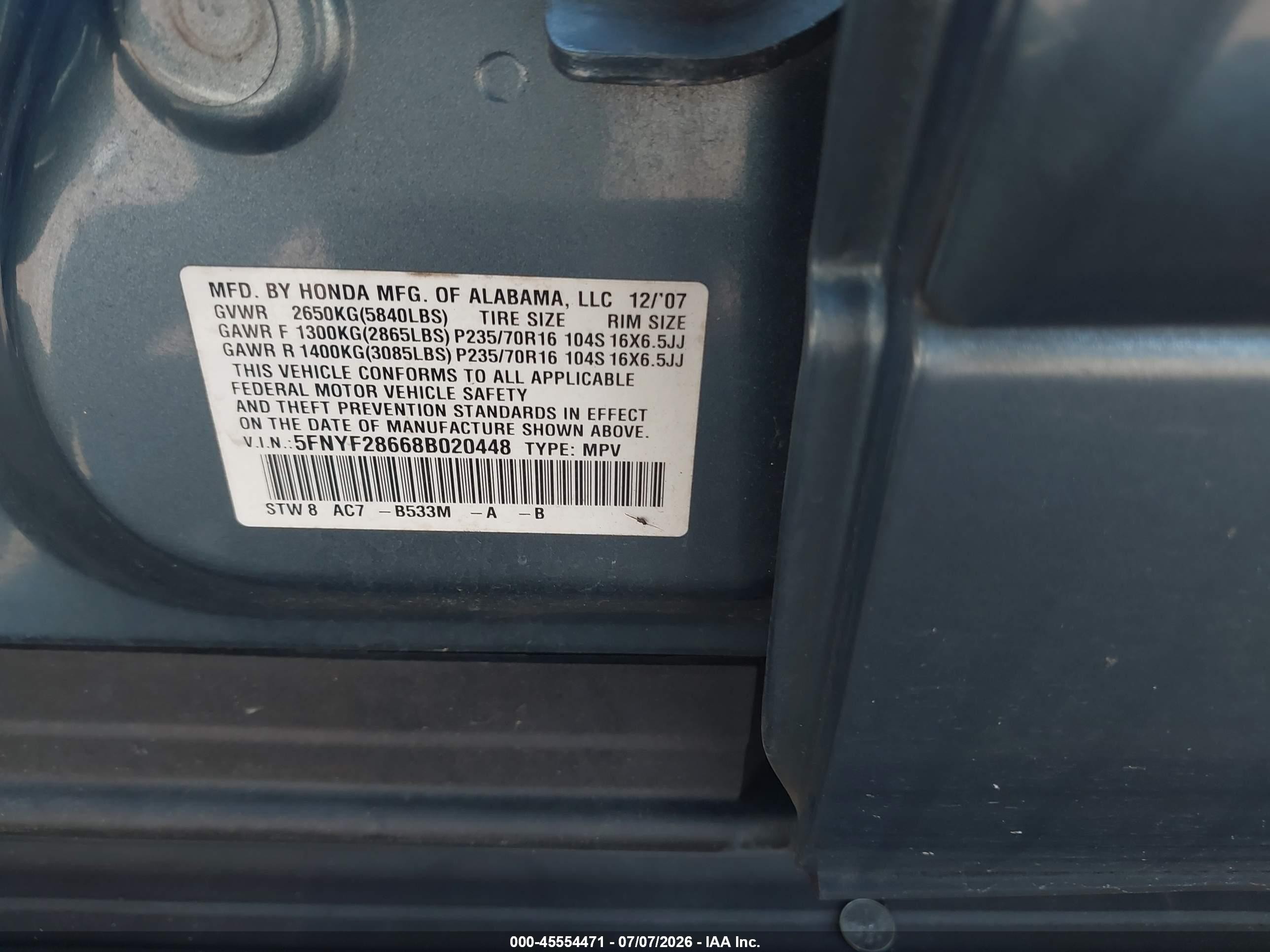 2008 Honda Pilot Ex-l Blue vin: 5FNYF28668B020448