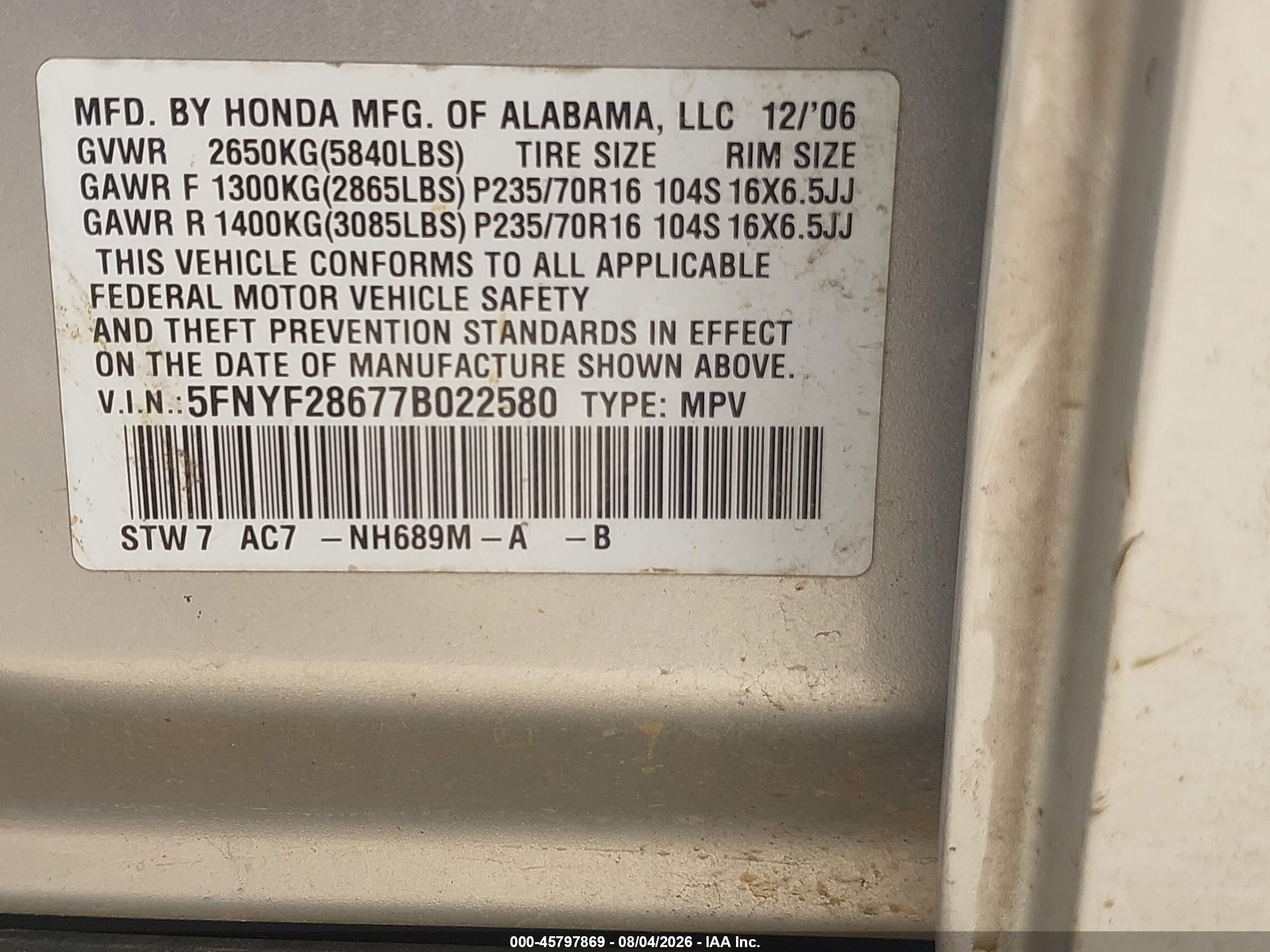 2007 Honda Pilot Ex-l Silver vin: 5FNYF28677B022580