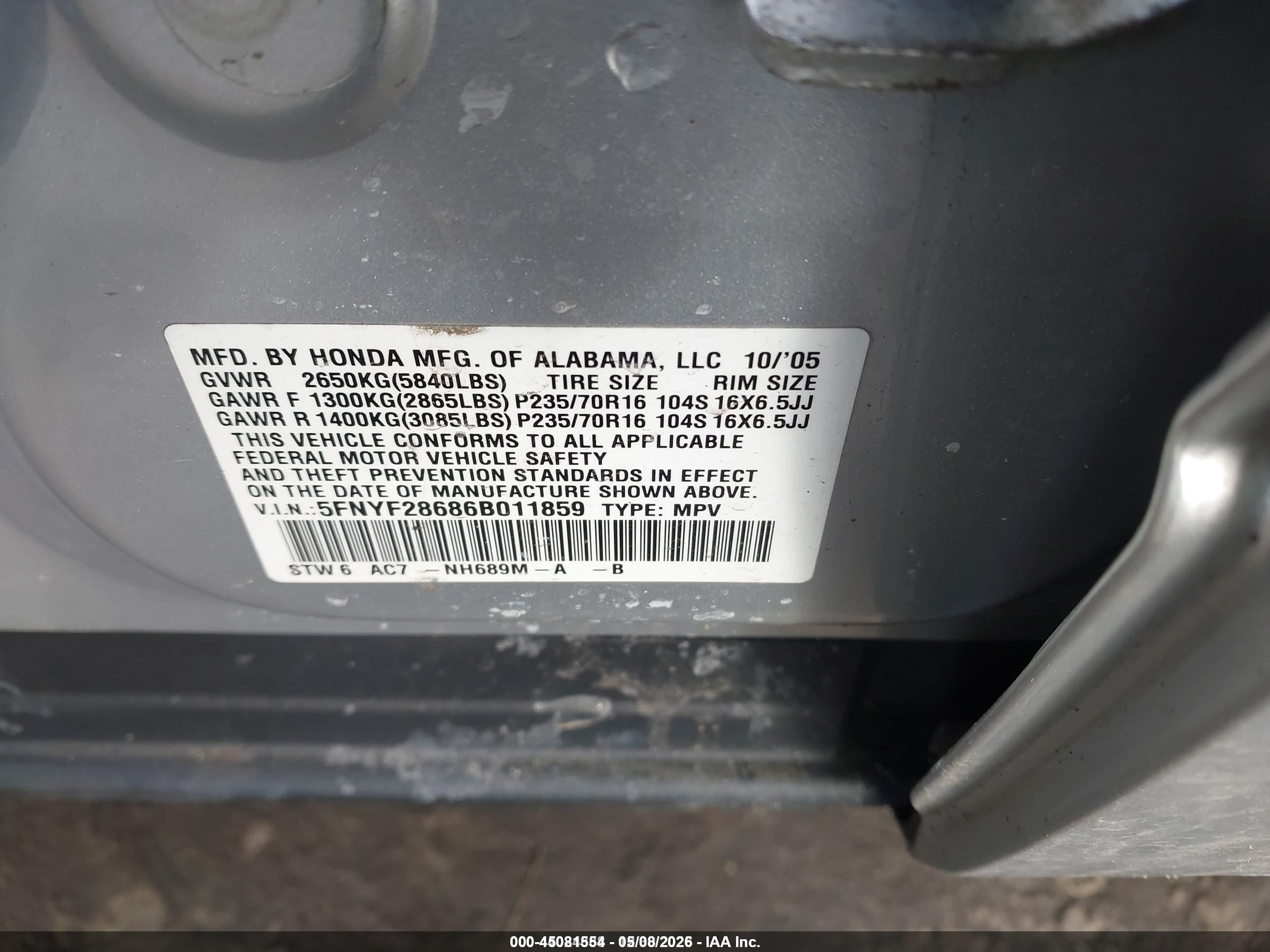2006 Honda Pilot Ex-l Silver vin: 5FNYF28686B011859