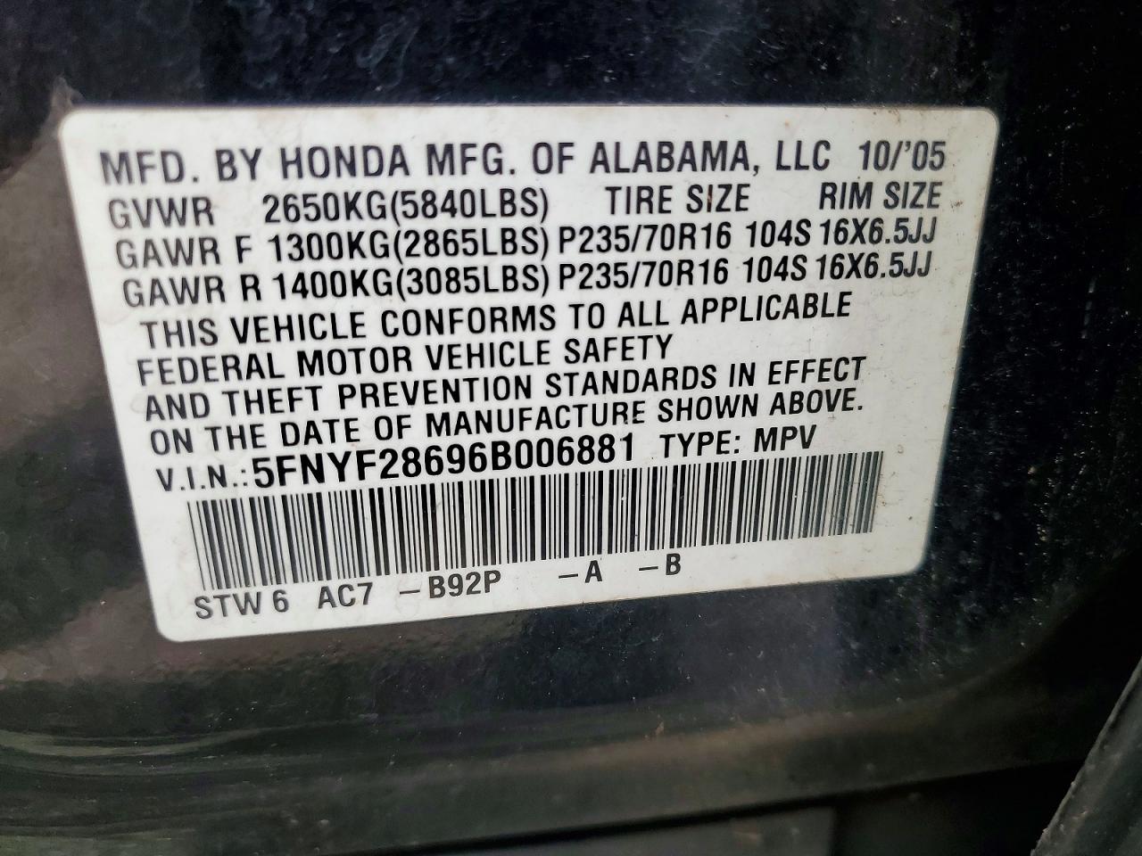 2006 Honda Pilot Ex Black vin: 5FNYF28696B006881
