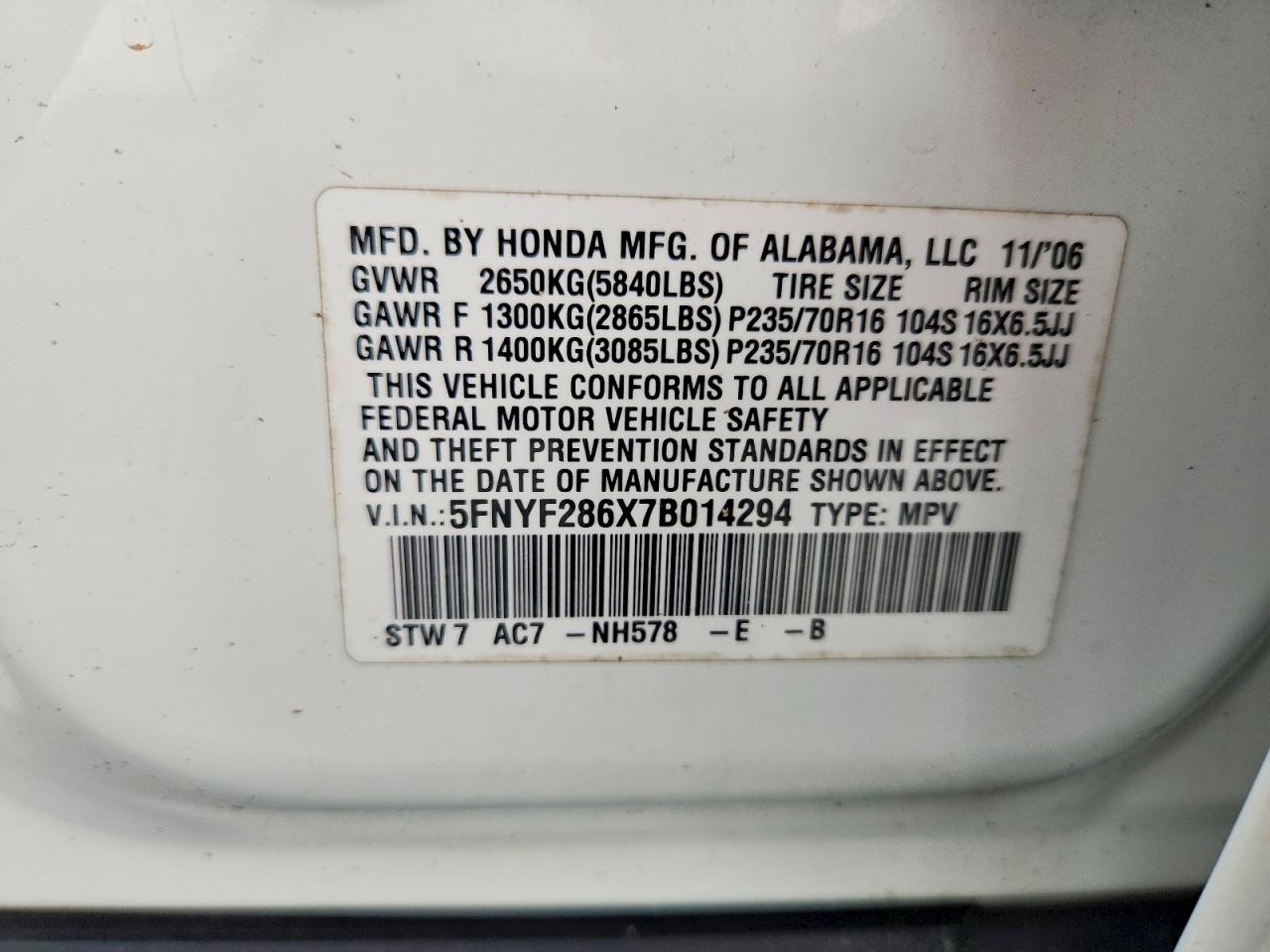 2007 Honda Pilot Exl White vin: 5FNYF286X7B014294