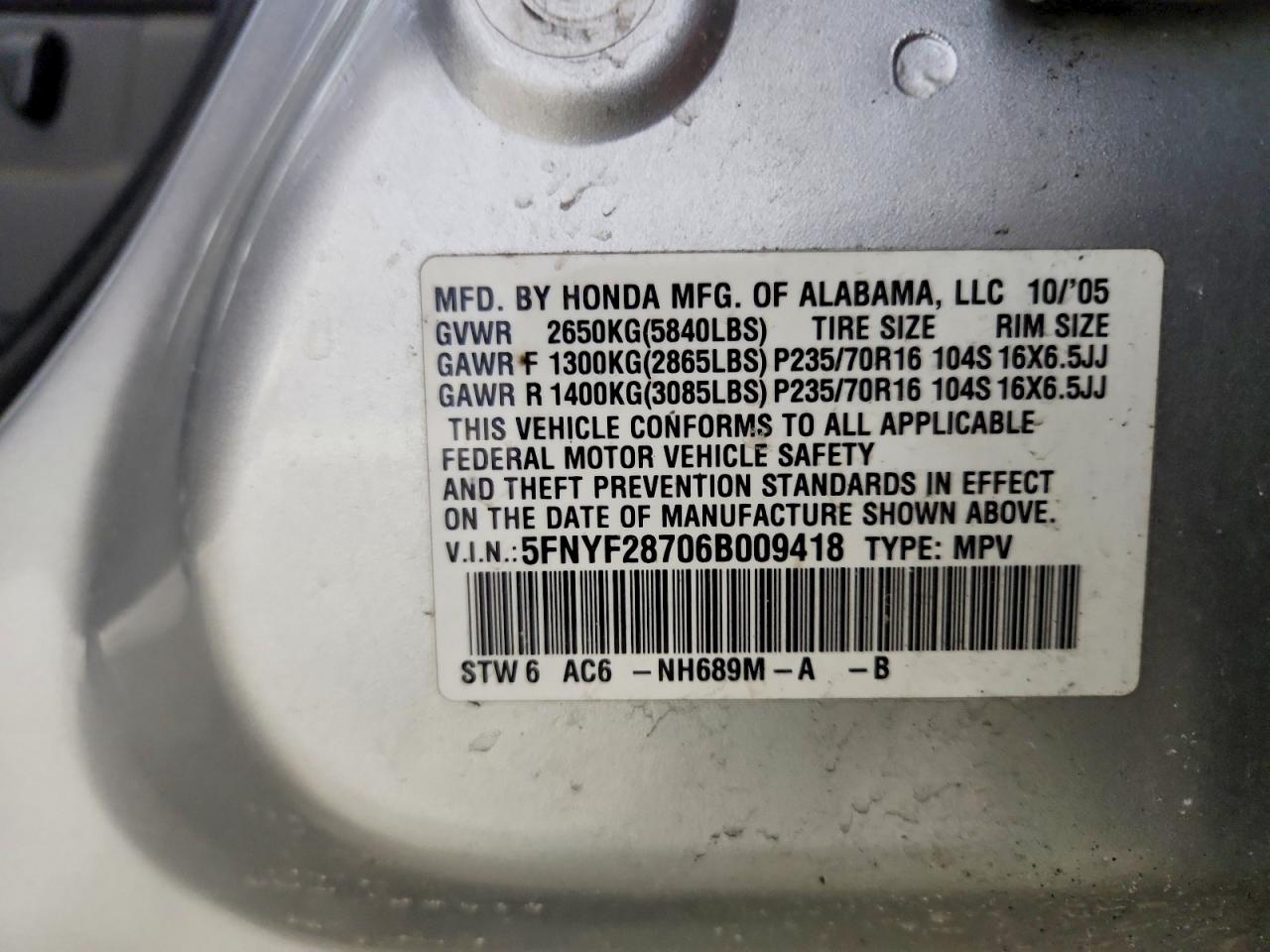 2006 Honda Pilot Ex Silver vin: 5FNYF28706B009418