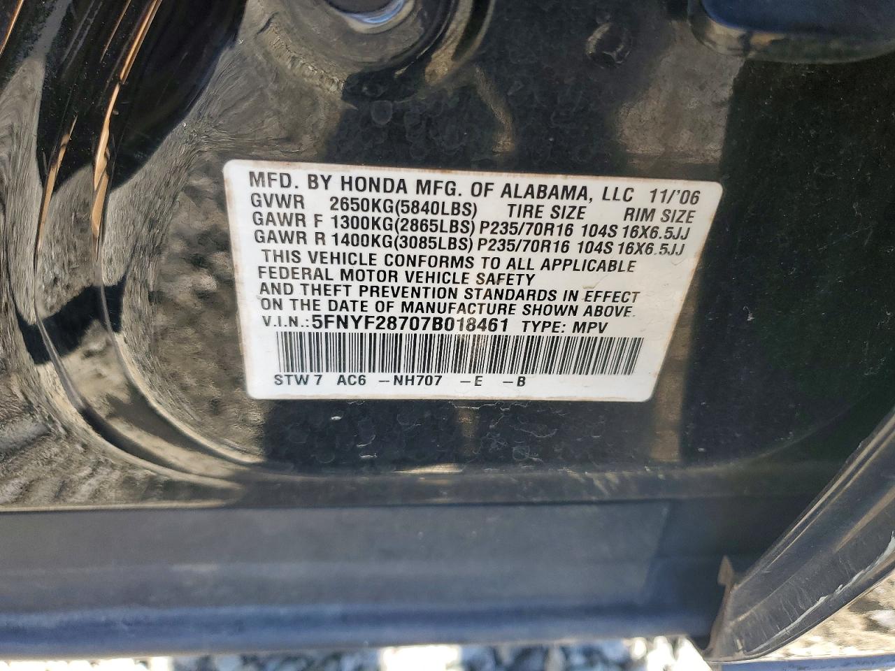 2007 Honda Pilot Exl Черный vin: 5FNYF28707B018461