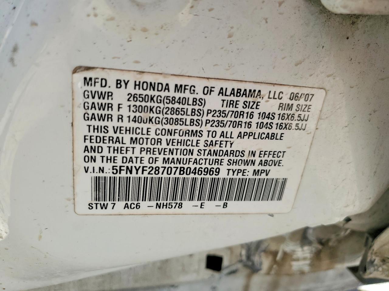 2007 Honda Pilot Exl White vin: 5FNYF28707B046969
