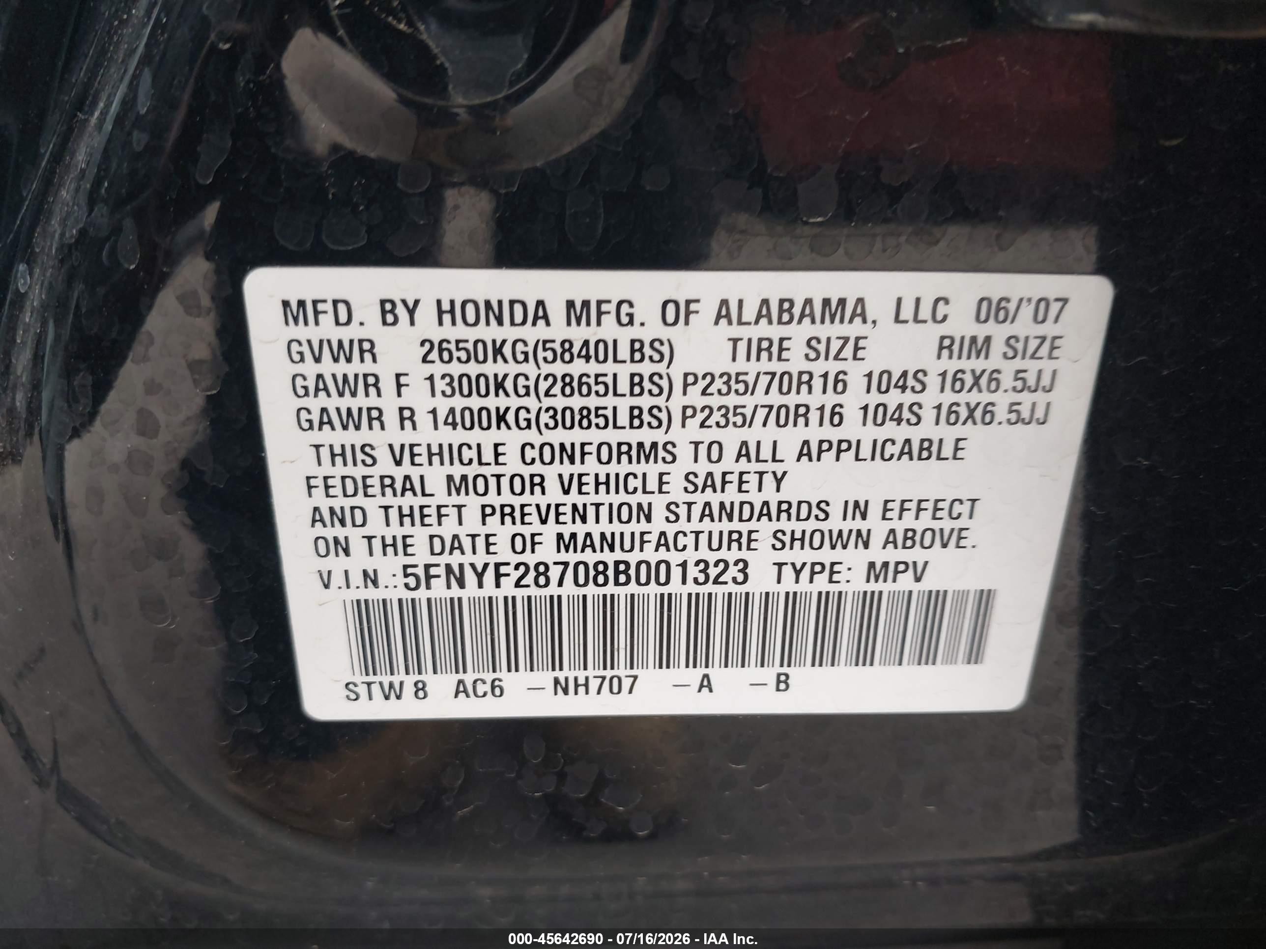 2008 Honda Pilot Ex-l Black vin: 5FNYF28708B001323