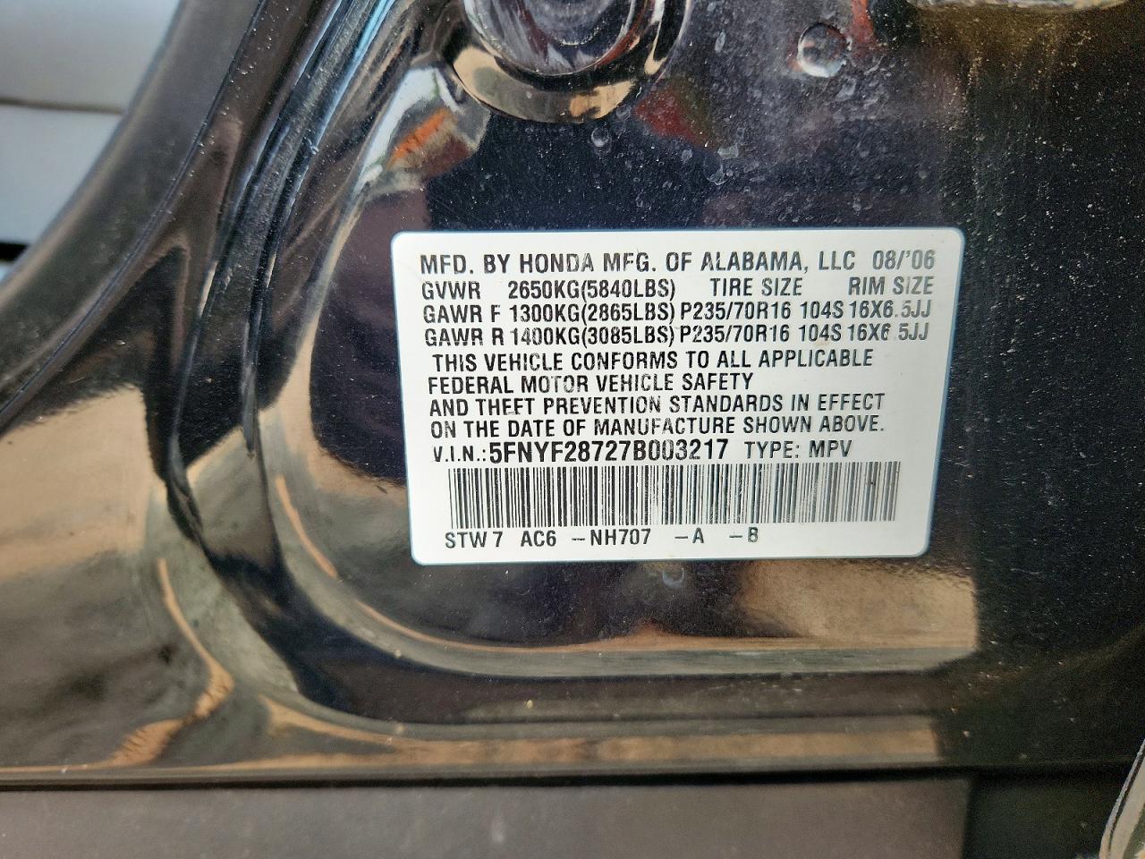 2007 Honda Pilot Exl Black vin: 5FNYF28727B003217